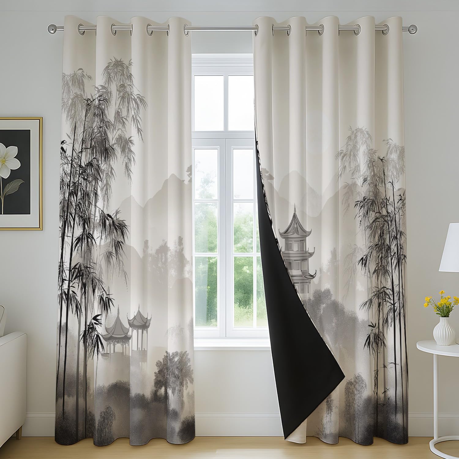 Generisch Vorhänge Blickdicht 2er Set 245 x 175 cm - Knitterfrei Gardinen vorhänge Tuschemalerei Landschaft Berg Schwarz Extra Breit mit Geräuschminderung mit Ösen für Schlafzimmer und Wohnzimmer