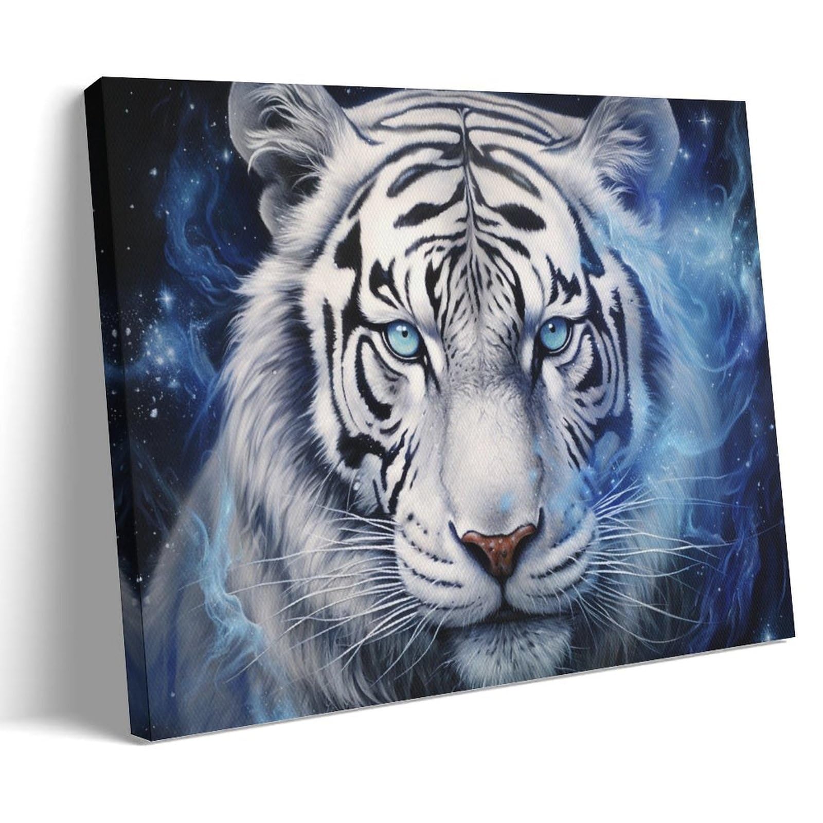 GMUKIFFY Cool White Tiger Painting on Canvas Wall Art Fantasy Black Striped Animal Stretched And Framed Canvas Prints Artwork for Home Decorations Ready to Hang Wall Decor 20x30inch(50x75cm)