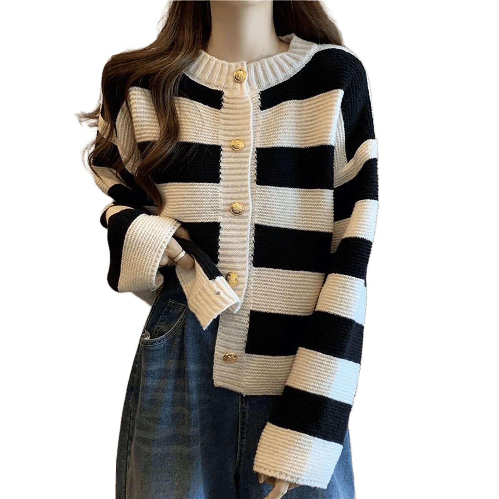 Vintage Stripe Knit Cardigan for Women Short Long Sleeve Cable Sweater Loose Round Neck Button Up Tops