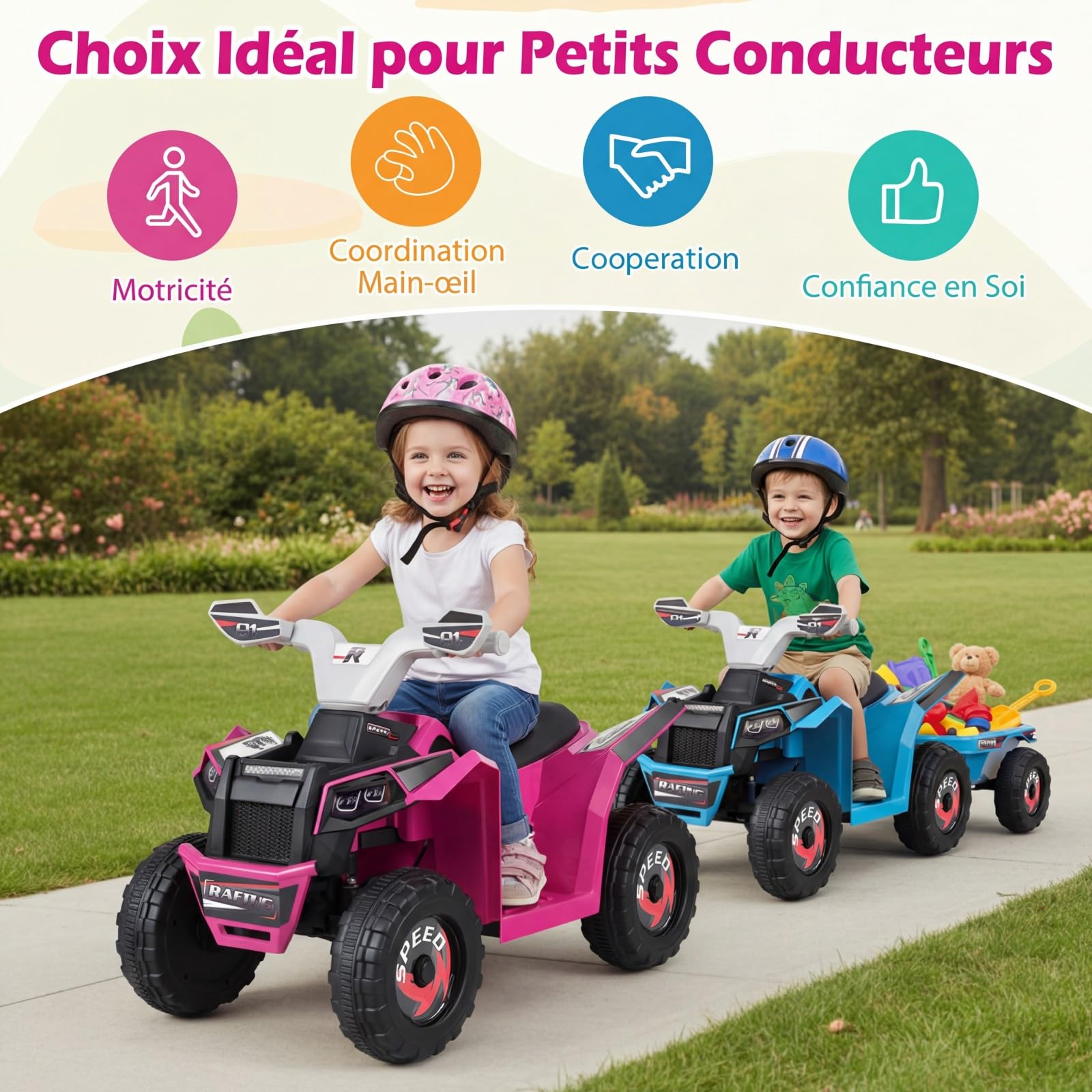 GOPLUS Quad ATV Electriques Enfants, Voiture Électrique Enfants 6V avec Remorque Arrière Amovible, Roues Résistantes à l'Usurel, pour Tout-Petits Garçons 3 Ans+, 2-3 km/h,Charge 30KG