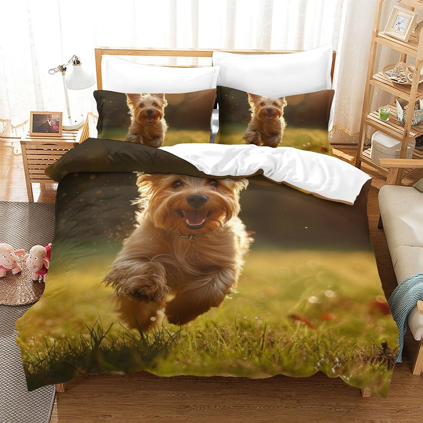Housse de couette Yorkshire 3D douce et anti-plis pour un lit double toujours impeccable
