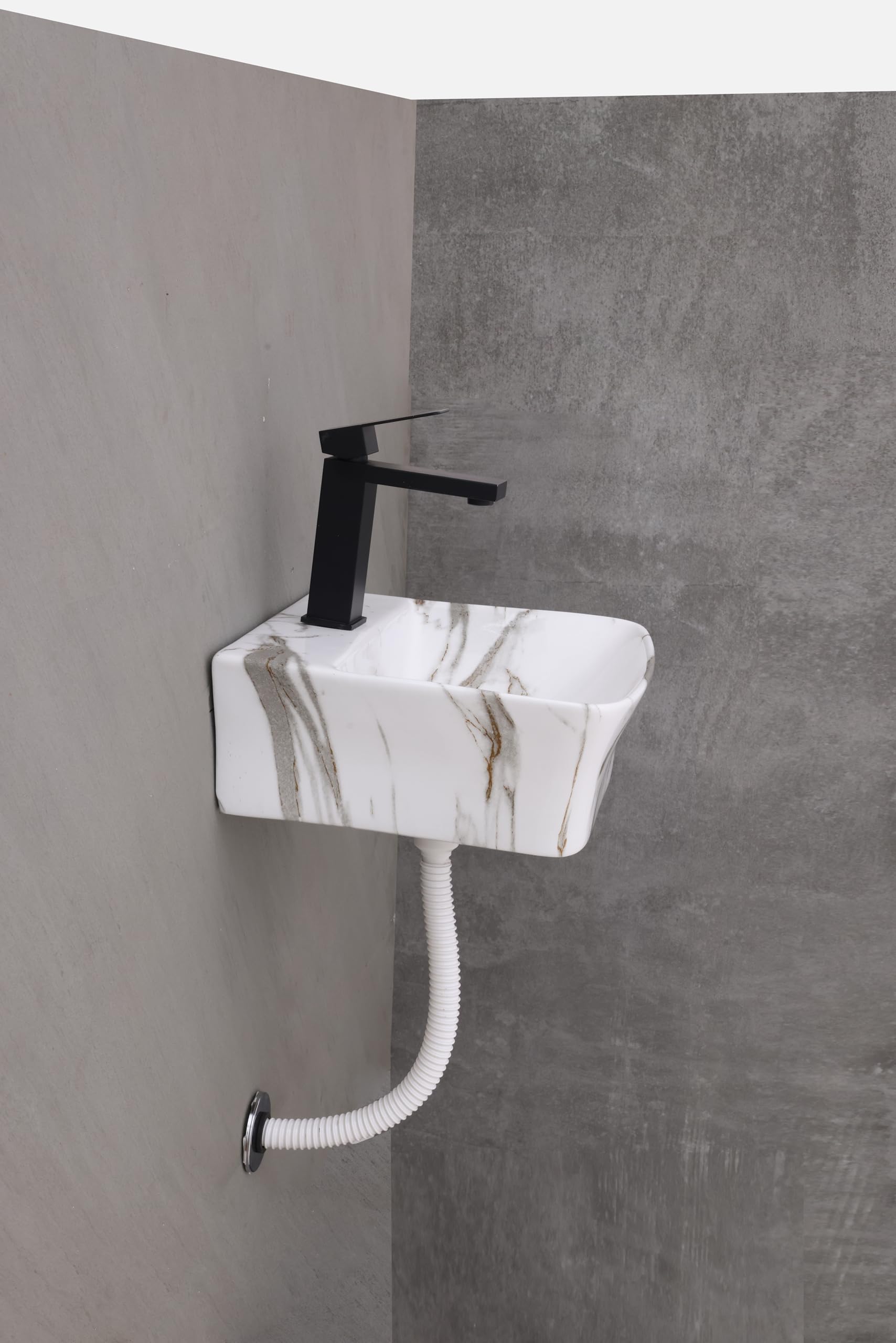 HISRE Wall Mount Wash Basin 13"x13"x5" | White Grey Marble Finish Ceramic Sink | Modern Rectangular Bathroom Basin for Home, Office & Hotels, photo 3 of 5