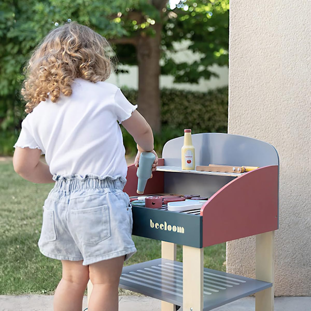 Beeloom Babycue - Cocinita Infantil De Madera Natural con Accesorios, Estilo Barbacoa, Juego De Imitación para Niños Desde 3 Años, Diseño Portátil Y Minimalista