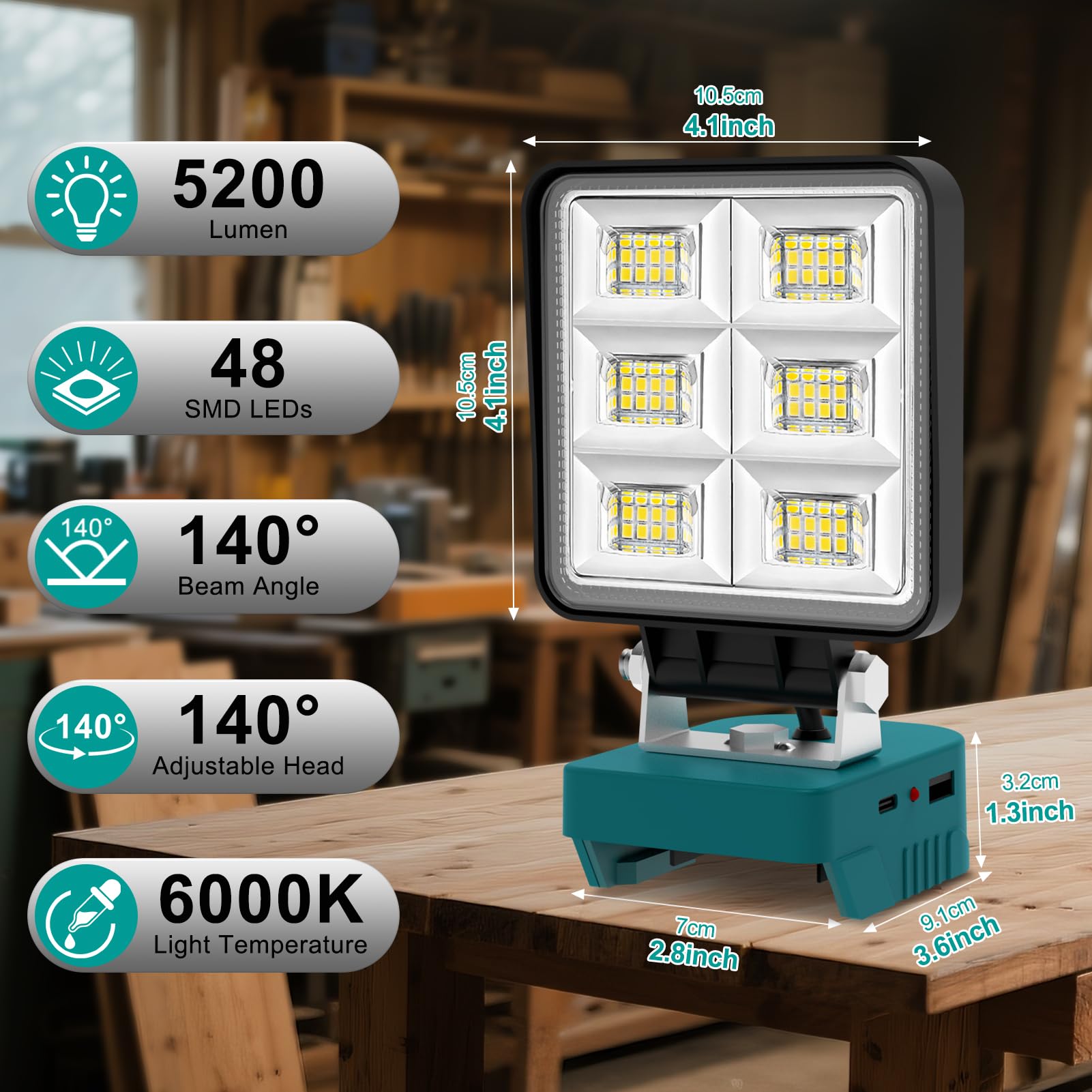 NATPOW Lampe de Chantier Compatible avec Makita 18V, Lot de 2 5200LM Projecteur, 2 Modes 6000K Éclairage Chantier Portable avec Type C et USB pour Chantier, Garage, Camping, Pêche, Sans Batterie