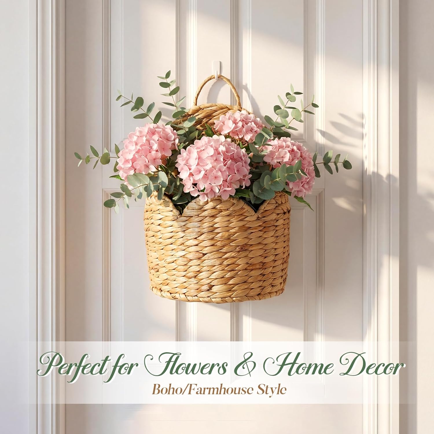 Geelin 2 Pack Scalloped Wall Baskets, Large and Small Hanging Baskets for Wall, Front Door, Bathroom, Hanging Wicker Basket for Storage, Flowers, Mails, Wicker Handmade Basket for Garden, Home Decor