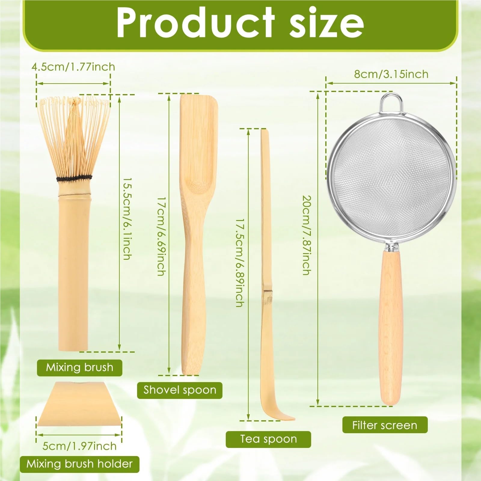 Servicio de té Matcha Juego de 4 o 5 batidores matcha hechos a mano, cuchara for té tradicional, colador profundo, soporte transparente for almacenamiento(5Pcs)