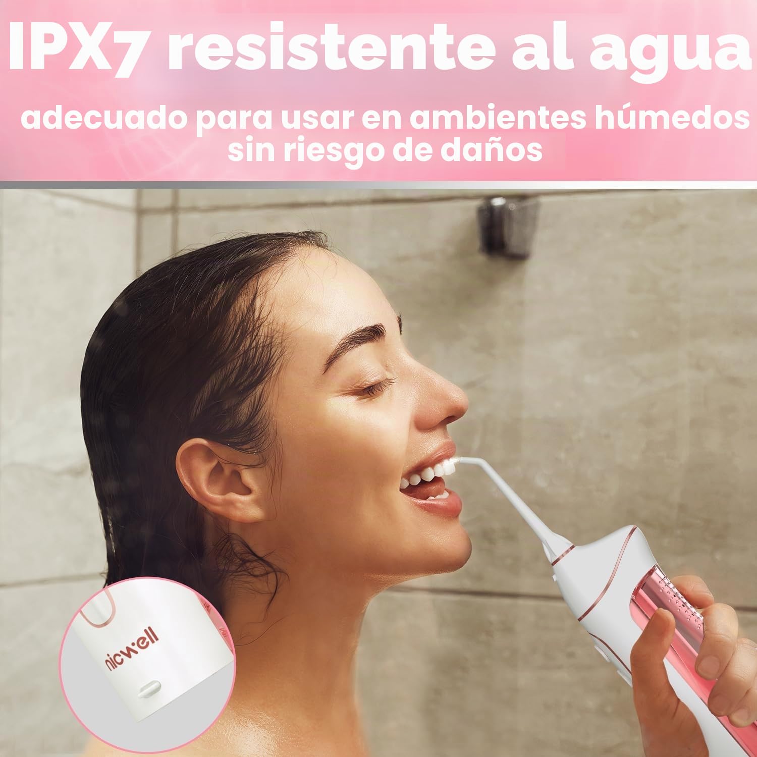 Nicwell - Irrigador dental dental inalámbrico para dientes, 4 modos, portátil y recargable, IPX7, impermeable, potente duración de la batería, púas limpiadoras de dientes para viajes en casa
