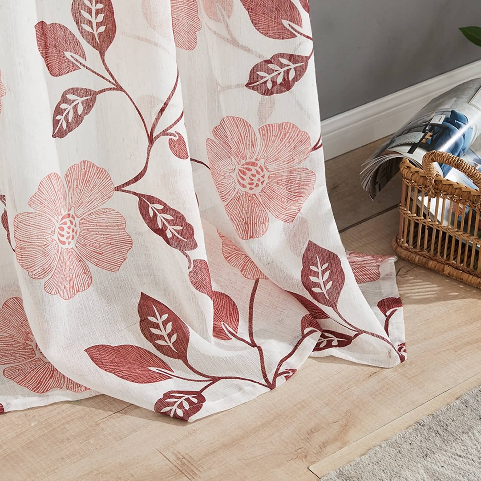 Voile Vorhang mit Ösen, 160 x 132 cm (Höhe x Breite) Halbtransparenter Voile-Vorhang mit Blumenblatt-Zweigmuster, Rot