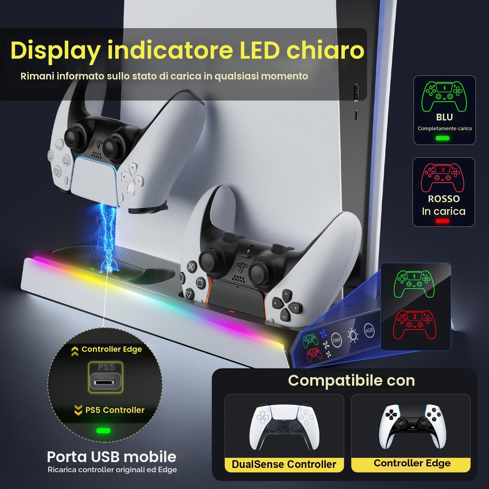 Fenolical Supporto PS5/Slim/Pro con Ventola di Raffreddamento Regolabile, Supporto Verticale per Caricabatterie PS5/Slim/Pro, Stazione di Raffreddamento Multifunzionale PS5 Slim con Caricabatterie