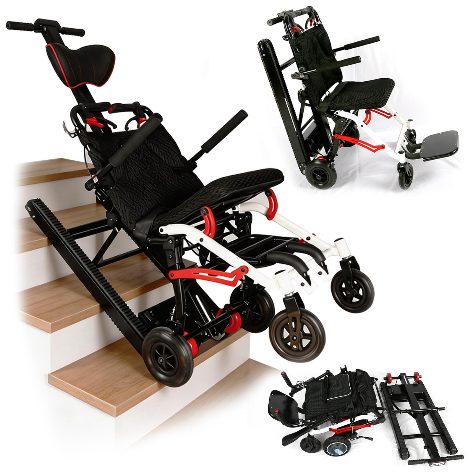 Silla de Ruedas para Subir Escaleras,Silla de Ruedas Eléctrica Plegable Ligera,Adecuada para Personas Mayores con Discapacidad, con Una Carga de 330 Libras,Ayudas Móviles y de Vida Diaria Negro y Rojo