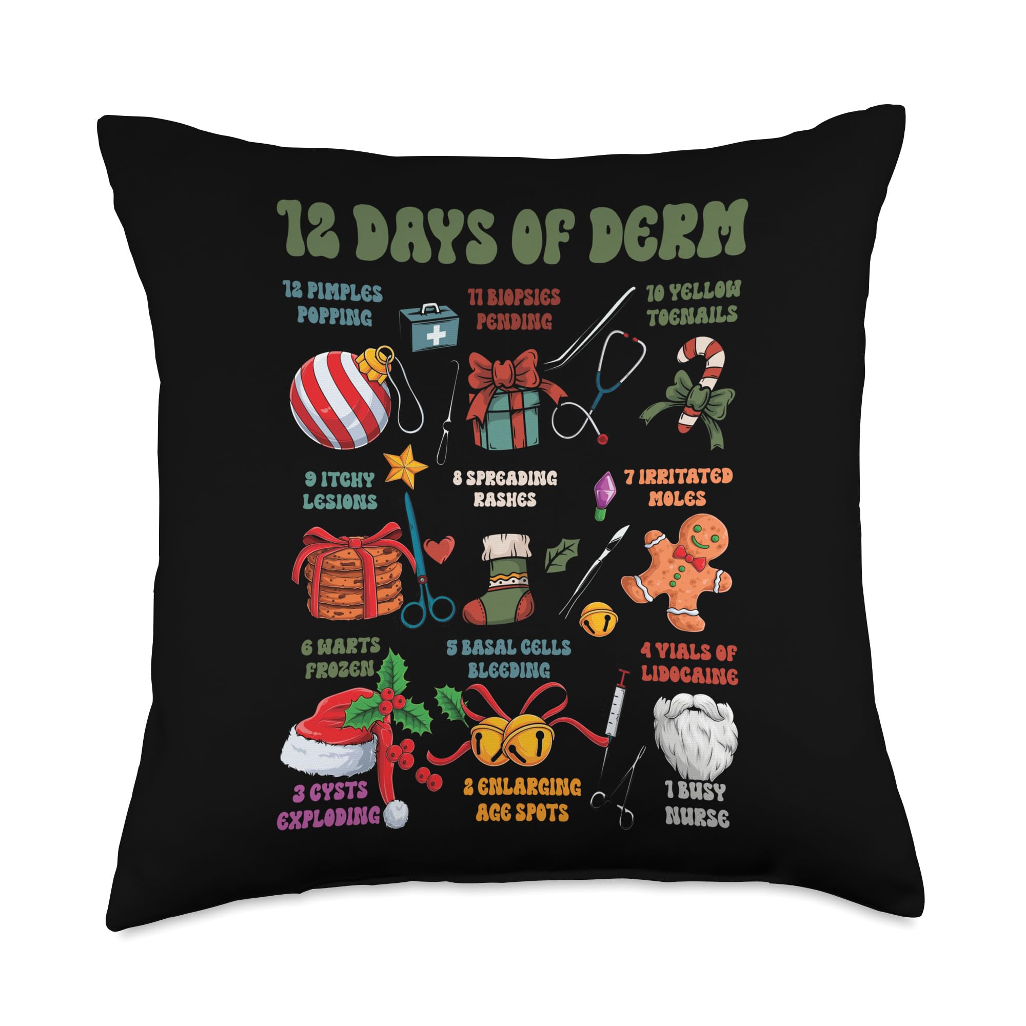Dermatology Nurse Merry Christmas 12 Days of Derm Xmas Throw Pillow, 18x18, Multicolor