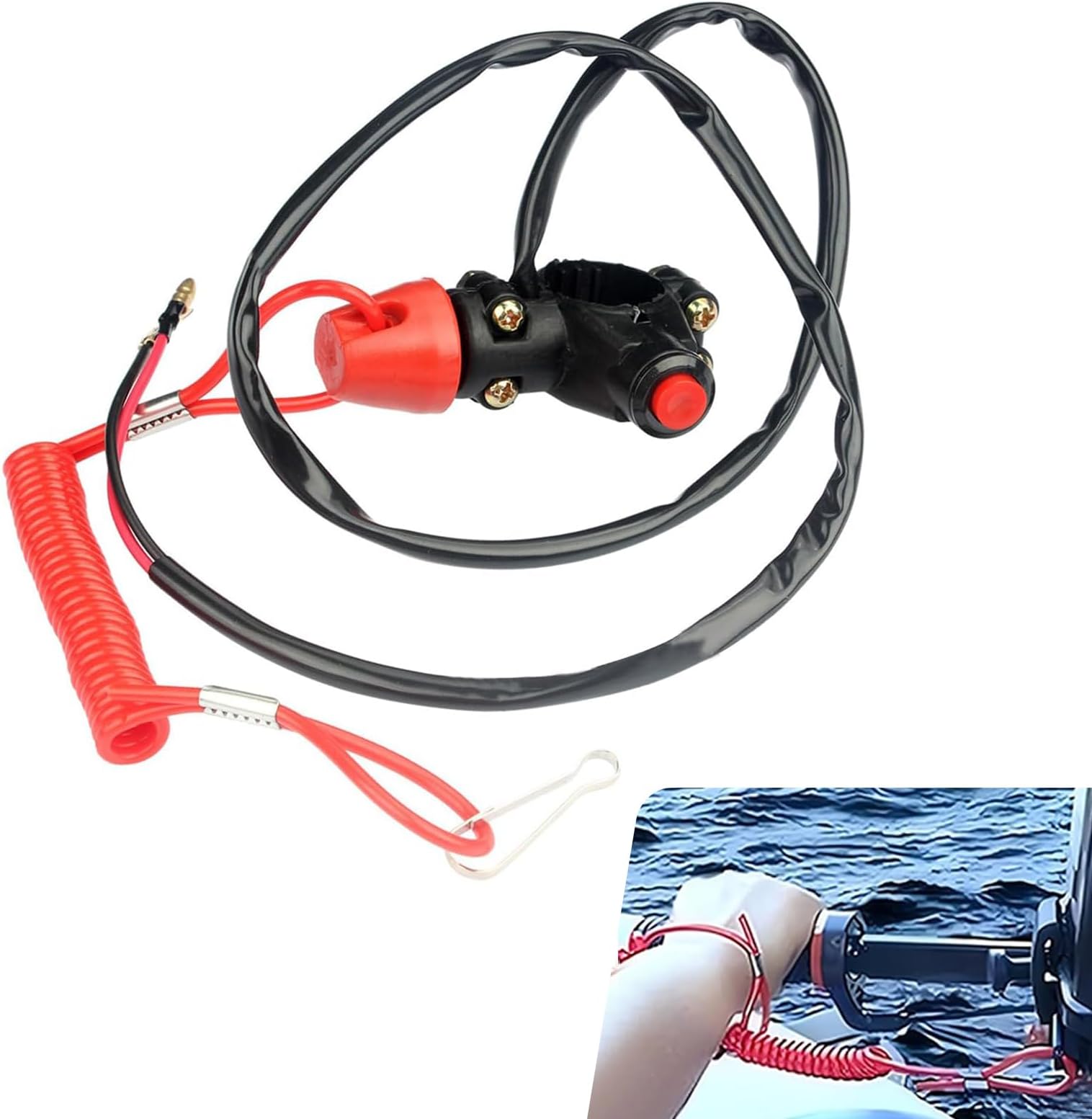Motorcycle Boat Safety Kill Stop Switch, 7/8" 22mm Universal Handlebar 2 Wires, with Tether Line, Fit 49CC-250CC ATV Quad Bike Go Kart Off Road Motorcycle Boat (Black)