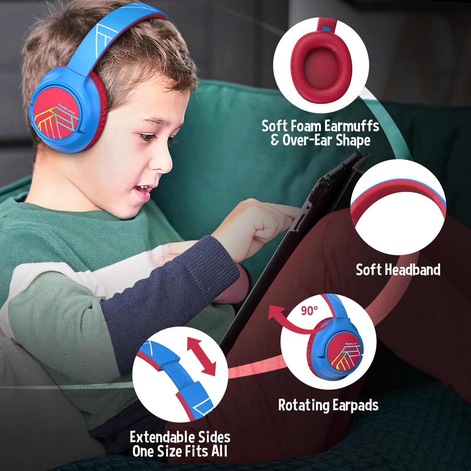 PowerLocus Bobo Bluetooth Kopfhörer Kinder, Kinderkopfhörer Over Ear mit 74/85/94dB Lautstärkebegrenzung, LED-Leuchten, Kabellos & Aux-Kabel Faltbare Kopfhörer mit Mikrofon für Handy/Tablet/Reisen
