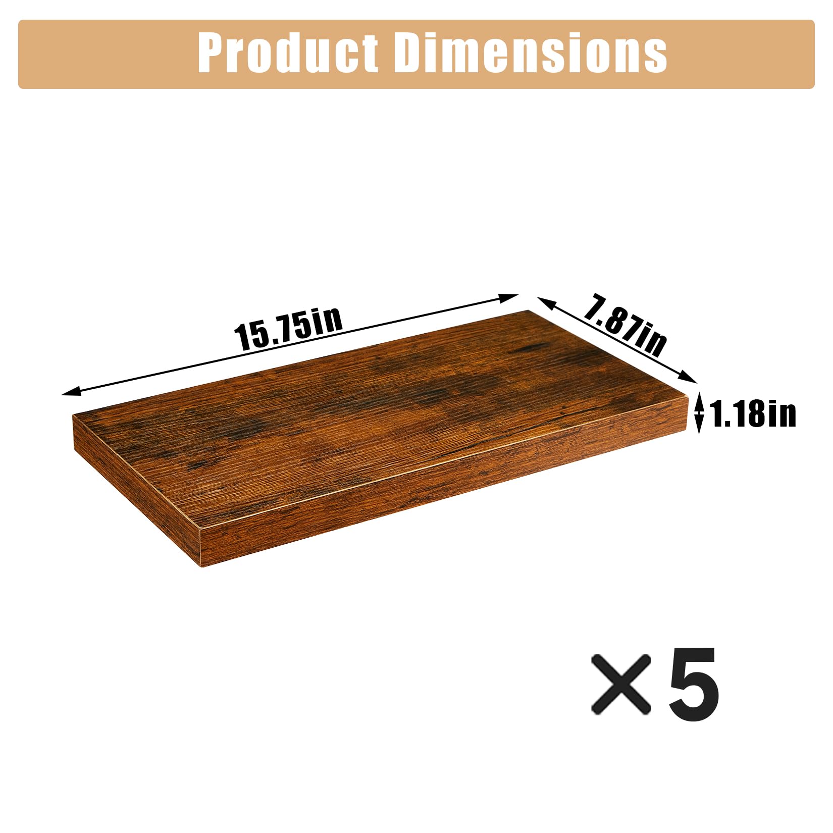GarveeHome 5er Set Schweberegale Holz Rustikal, Wandboard 40x20x3cm, Metall | Stabile Wandhalterung; Inkl. Montagematerial; Zusätzlicher Stauraum; Vielseitig einsetzbar; Hochwertiges Finish