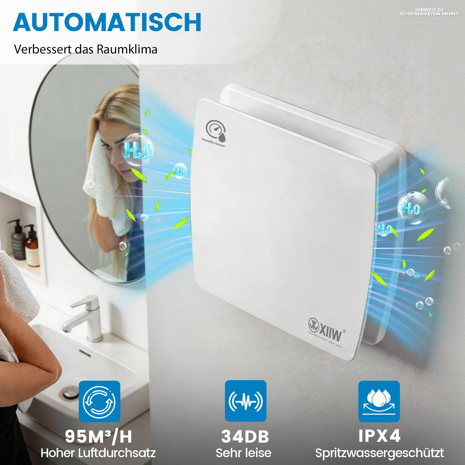 XIIW Badlüfter 100mm mit Feuchtigkeitssensor Abluftventilator einstellbarer Nachlaufzeit, mit Timing Wandventilator Silent, mit Rückstauklappe 95m³/h, 12 Watt / 34dB für Bad, WC, Küche