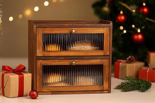 Miniatura 3 de Sunhoo Panera para encimera de cocina, contenedor de almacenamiento de pan de madera, contenedor de almacenamiento de pan de 2 capas, soporte de