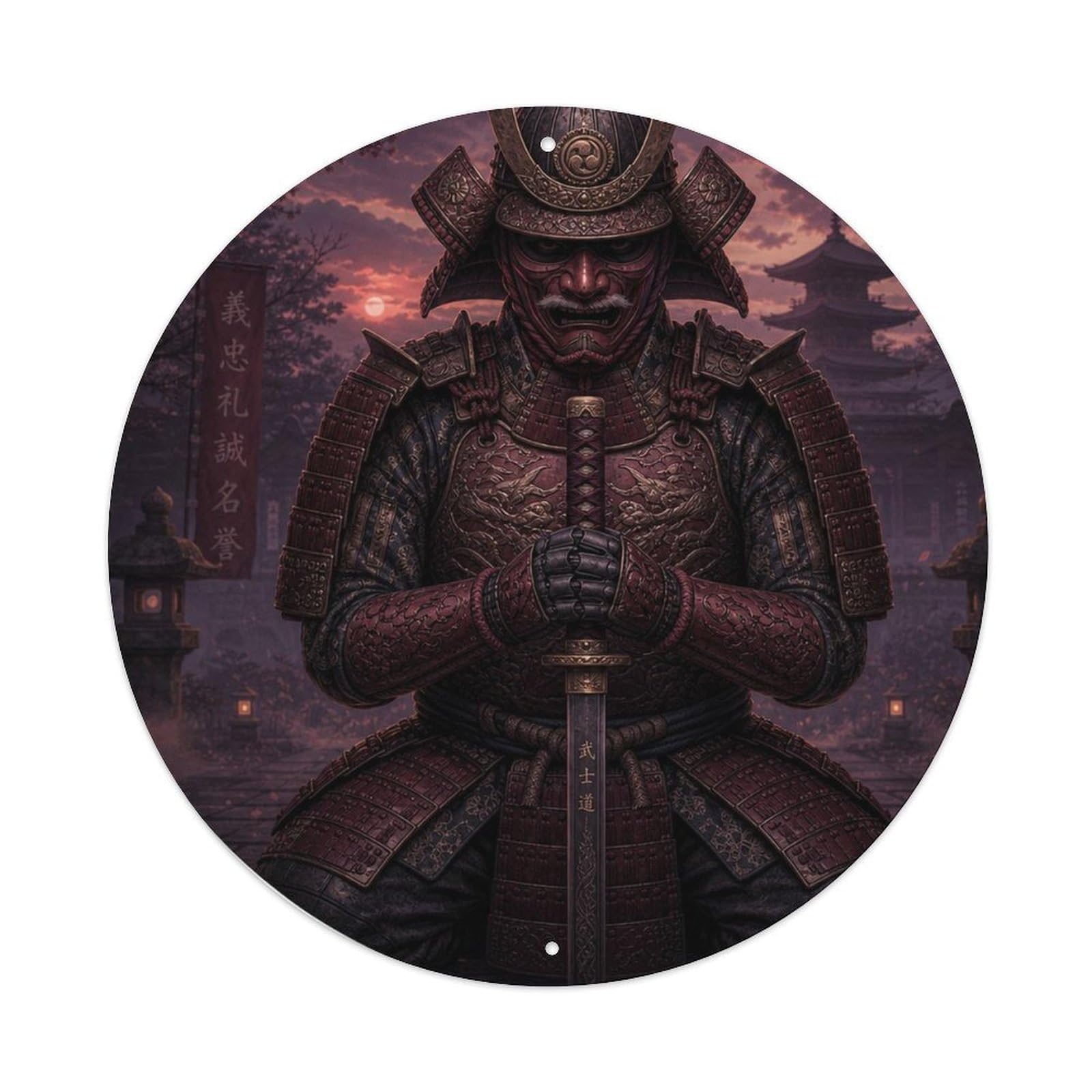 Okngb Style Night Maroon Dusk Kneeling Sword Plant Armor Label Metal Tin Sign Plaque Wall Decor For Cafe, Man Cave, Club Bar, Office, Home Garden Round Metal Poster 8X8inch