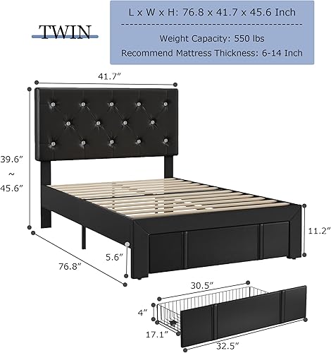 Miniatura 93 de VECELO Base de cama de tamaño individual, plataforma tapizada con cabecera ajustable de diamante, soporte de listones de madera, no necesita somier,