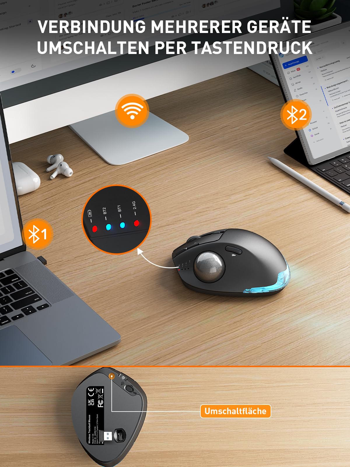 SABLUTE MAM1 Pro Ergonomische Trackball Maus Kabellos, RGB, Bluetooth & USB | Wiederaufladbare Maus mit Daumensteuerung, 5 DPI Stufen, Beleuchtung, Verbindung mit 3 Geräten für PC, Laptop, Mac, Windows
