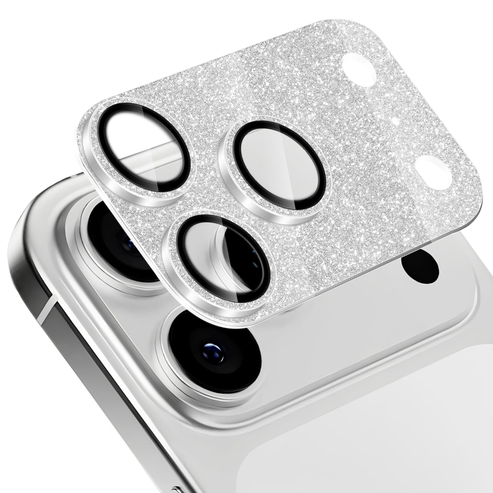 [ShinKin] iPhone 17 Pro Max 対応 カメラフィルム カメラ保護カバー カメラカバー キラキラ アルミニウム合金 レンズカバー カメラ保護 [アルミ合金縁取り+強化ガラス] キラキラ レンズ保護フィルム 高透過率 露出オーバー防止 キズ防止 全体保護 ファッション ユニーク iPhone 17 Pro Max 対応 (シルバー)