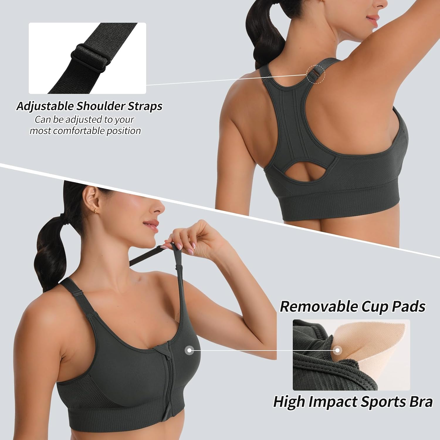 2 Pack Adjustable Sports Bras for Women, Zip Front Closure High Impact Seamless Wireless Padded Workout Gym Yoga Bra