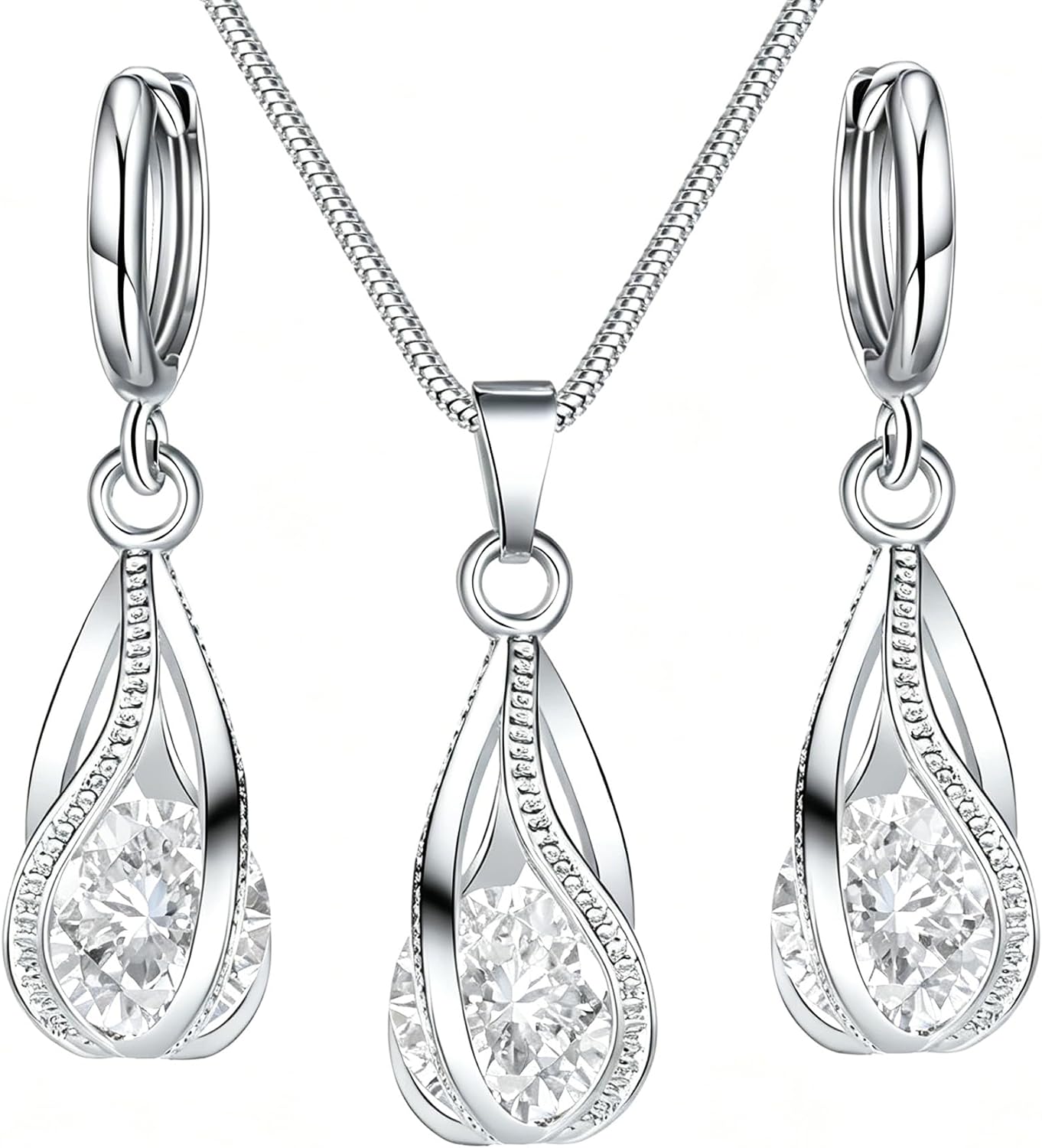 Crystal Jewelry AlloyTeardrop Pendant Necklace Drop Earrings Set Elegant Sapphire Color Jewelry for Women