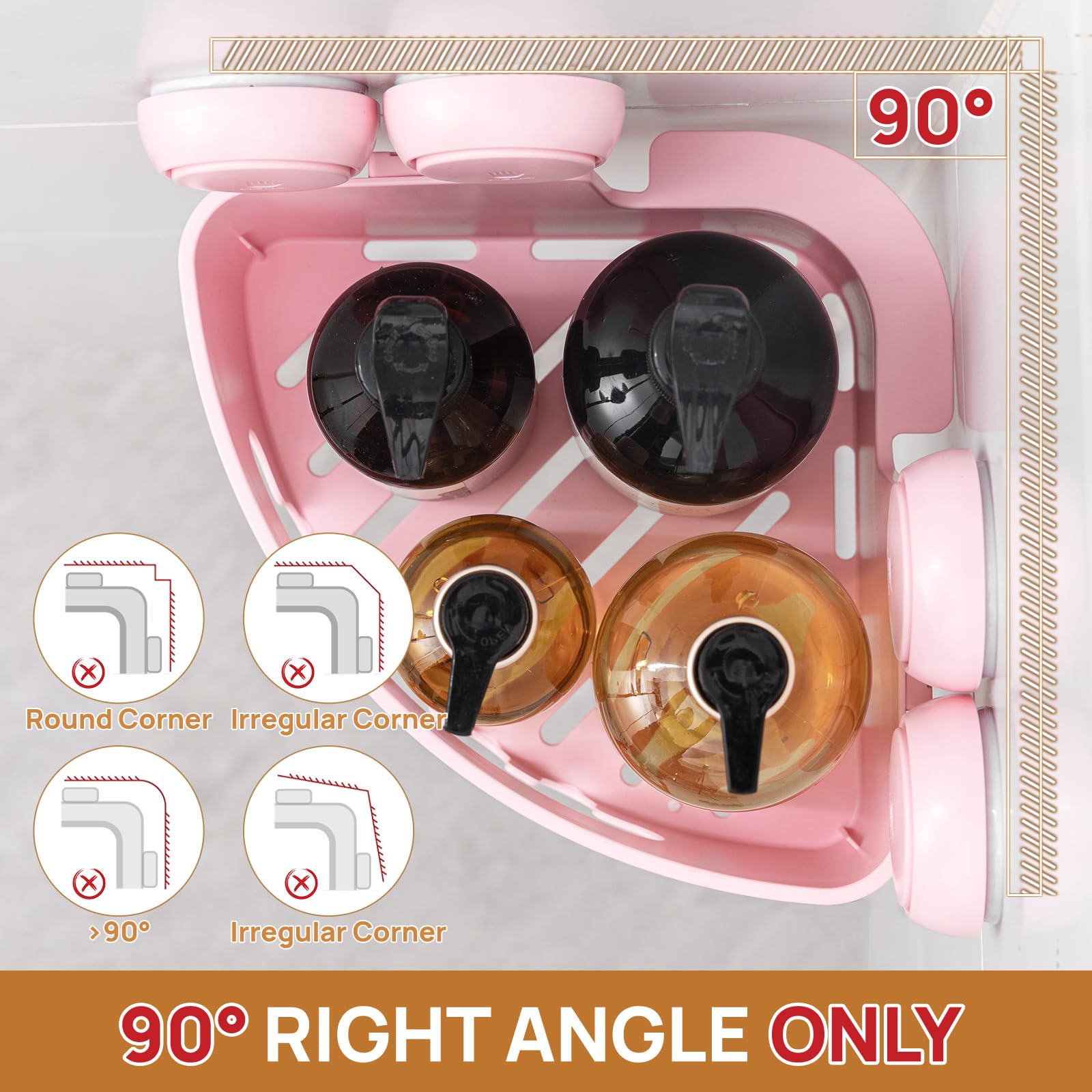 LEVERLOC Suction Shower Caddy Corner 1 Pack Shower Shelf No Drilling Bathroom Storage Removable Waterproof Bathroom Caddy Storage Organizer for Room Kitchen Toilet Tiles Accessories Pink - Image 4
