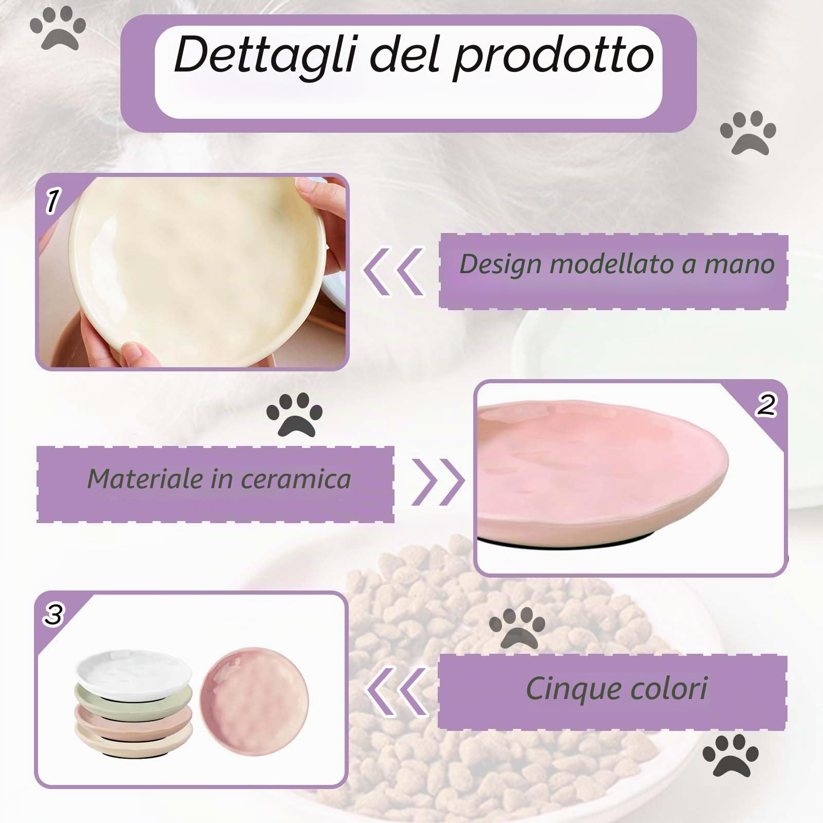 Set di ciotole per gatti in ceramica, 5 pezzi di ciotole per gatti, ciotola per cibo per gatti con fondo antiscivolo in silicone, piatto per gatti in ceramica, ciotole piatte, per gatti, gattini e