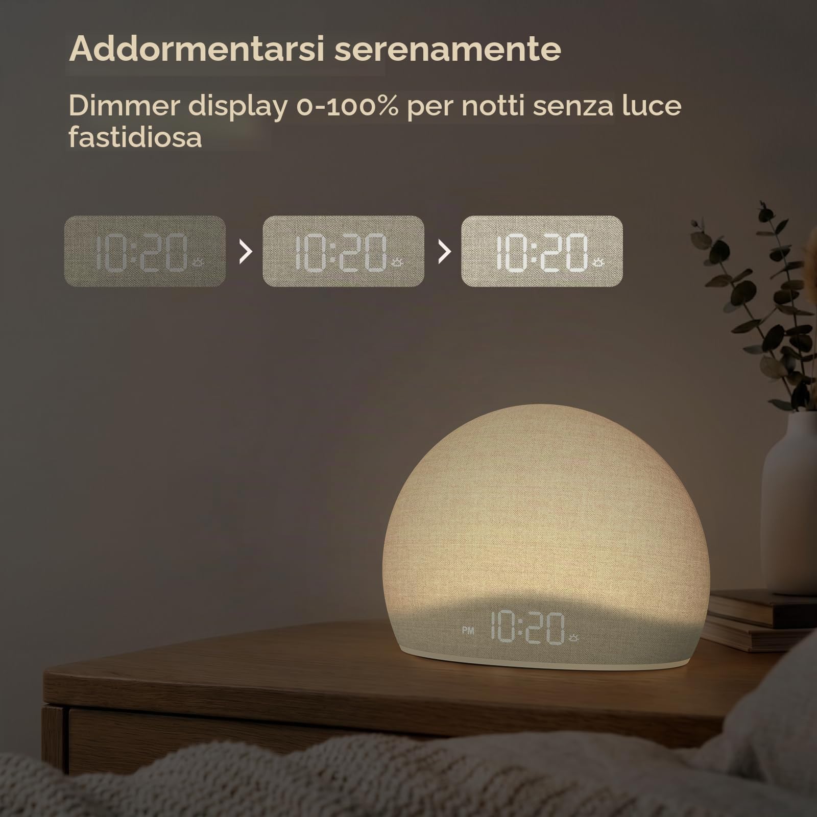 DOUMOSH Sveglia con Luce Alba e Macchina del Rumore Bianco | Luce Naturale per un Risveglio Dolce, 20 Suoni Rilassanti, Display Regolabile, Design Senza Schermo