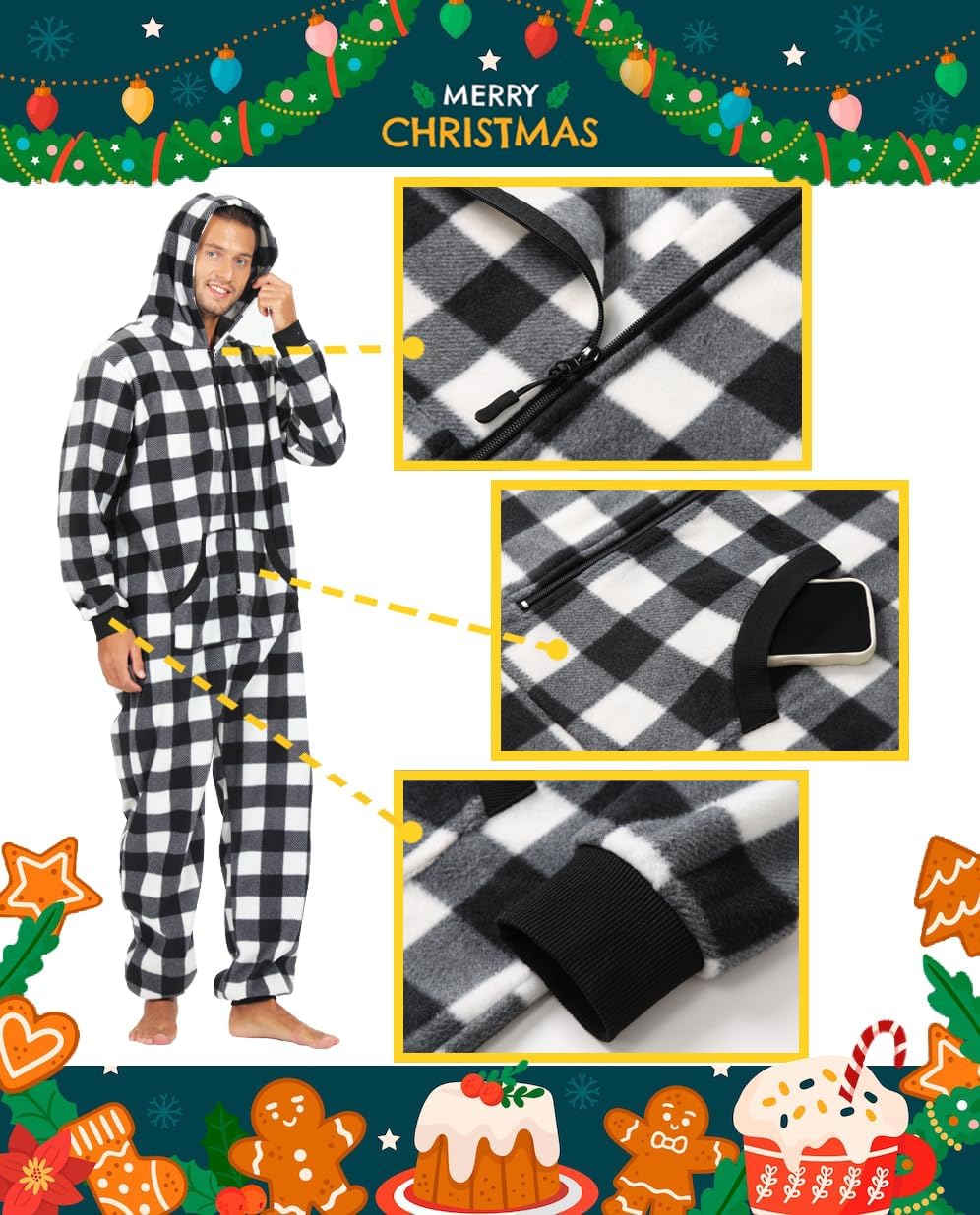 Unisex Adults Buffalo Plaid Onesie Pajamas Hooded Christmas PJS for Family Jumpsuit Thermal with Pockets Zipper - Image 4