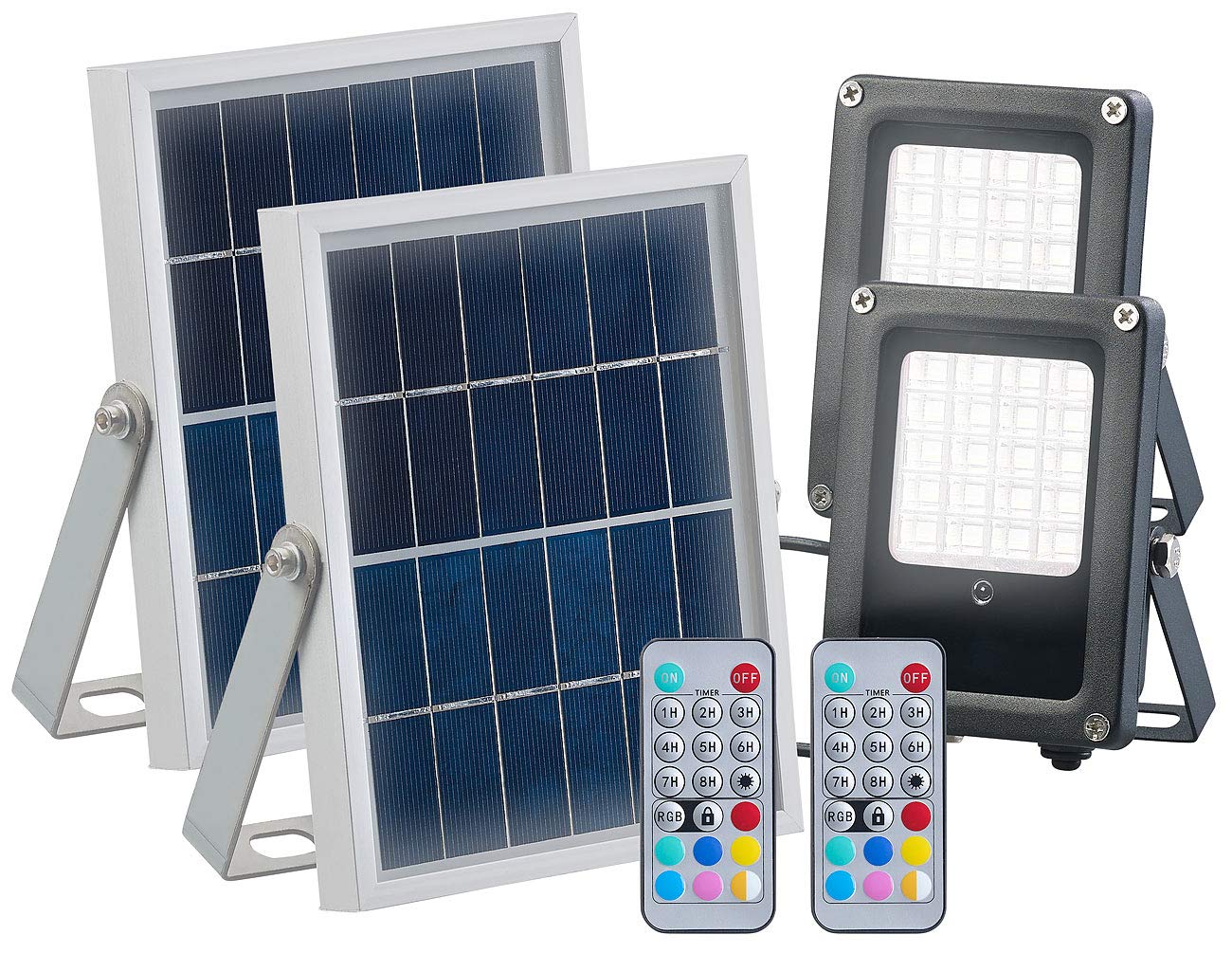Luminea foco LED solar para exterior: Juego de 2 Proyector LED solar, para exteriores, RGBW, Sensor de crepúsculo (lámpara con mando a distancia, foco con mando a distancia)
