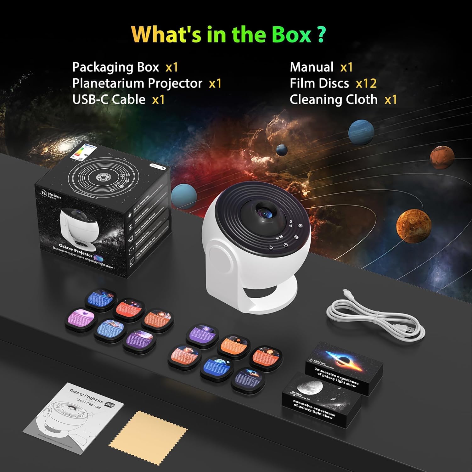 FlyEagle Proiettore Stelle Soffitto, Galaxy Projektor, Cielo Stellato Per Bambini E Adulti Proiettore Galassia Con Dischi Planetari 13 In 1, Luce Notturna Soffitto Led Con Timer, Bianco e Nero