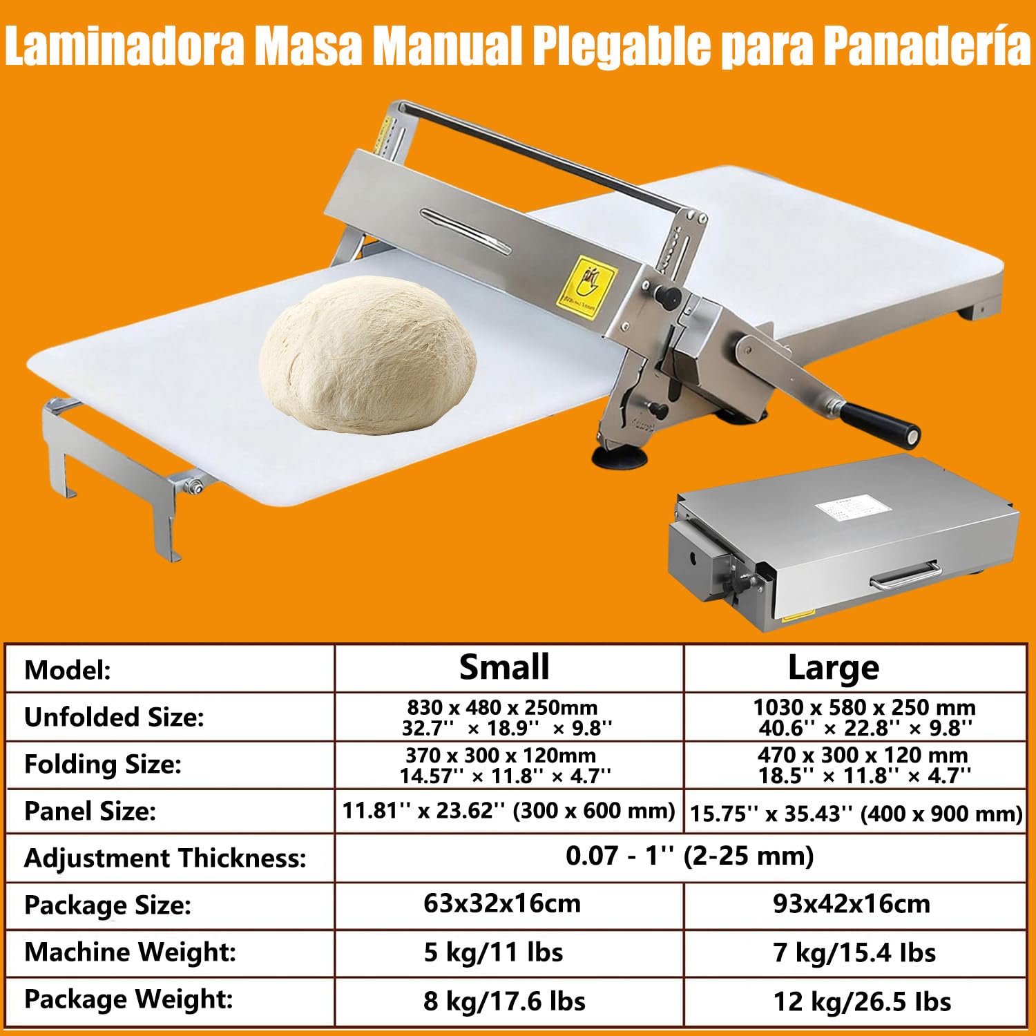 Laminadora de Masa para Hojaldre Manual Plegable | Sobadora de Masa Acero Inoxidable 304 Lavable con Agua | Dough Sheeter Compacta 3kg para Croissants, Pizza y Repostería Large