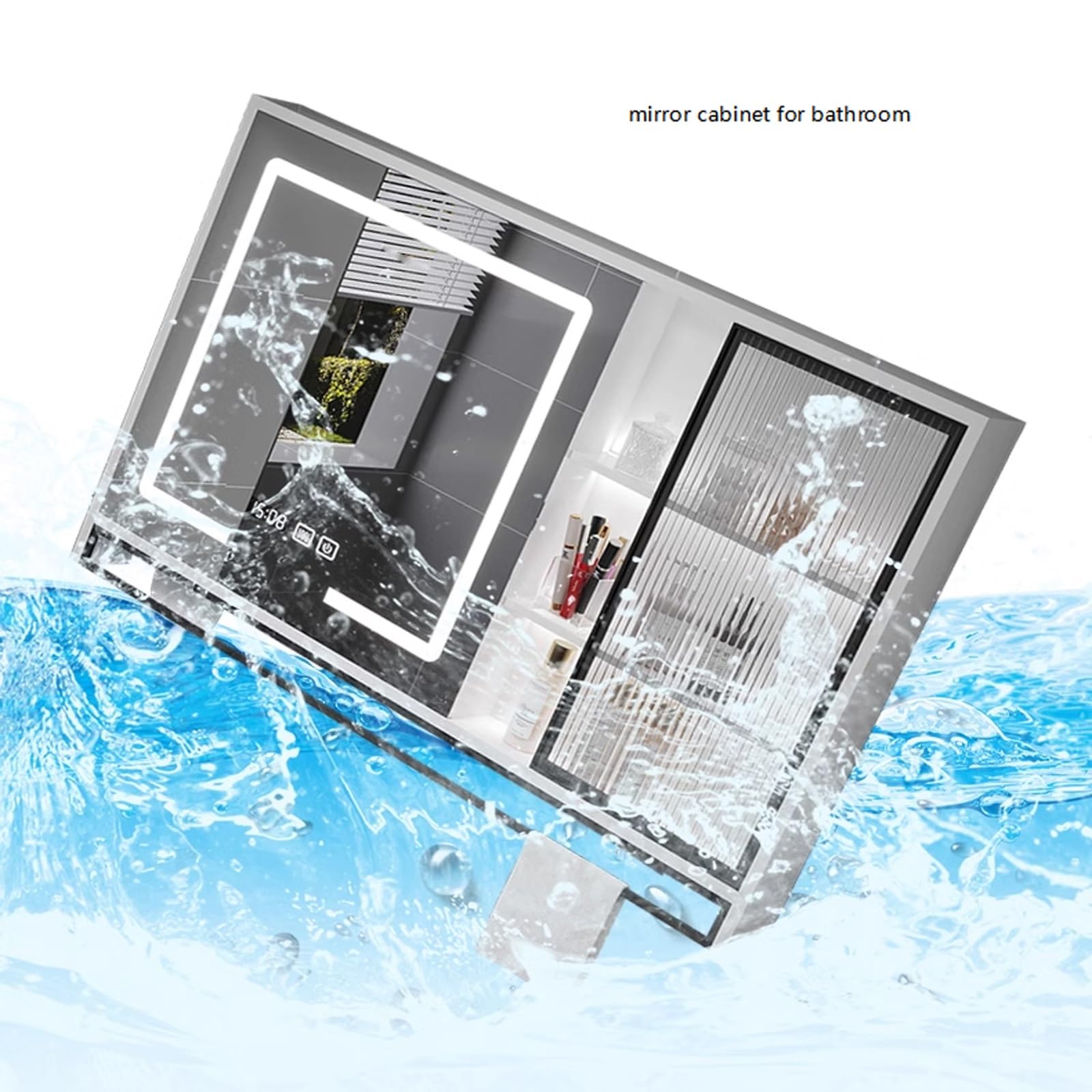Moderno armario con espejo de baño LED con iluminación montado en la pared, espejo de baño blanco con soporte para toallas, 51 x 29.5 pulgadas, diseño elegante para baños elegantes