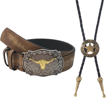 2 Piece Cowboy Belt and Necklace, Cowboy Belts for Men with Classic Buckle Design, Adjustable Western Mens Cowboy Belt Ideal for Daily Wear Men's Belt Present