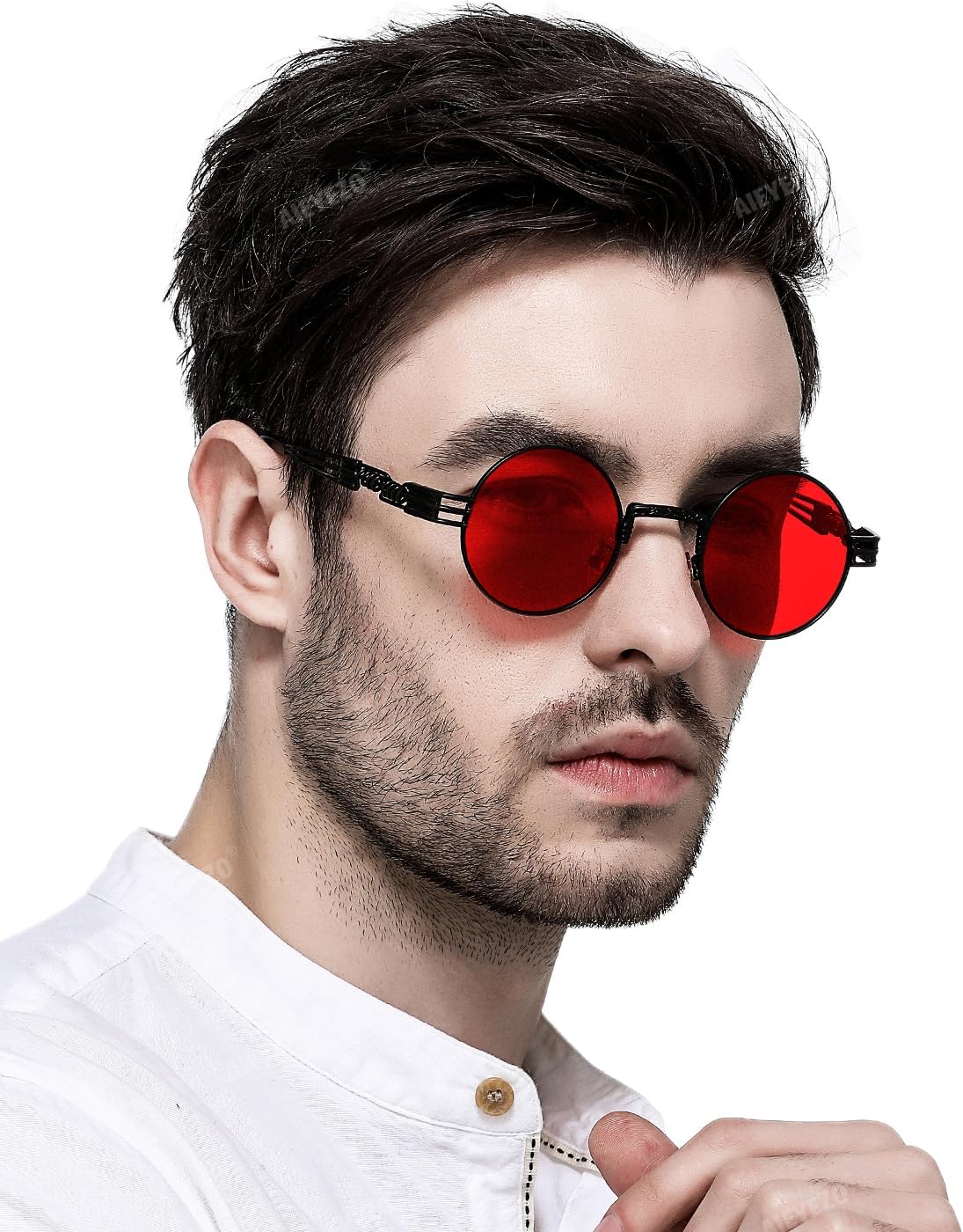 AIEYEZO Round Steampunk Sunglasses for Men Women Retro Circle Hippie Glasses Metal Frame 100% UV Blocking Lens - Image 3