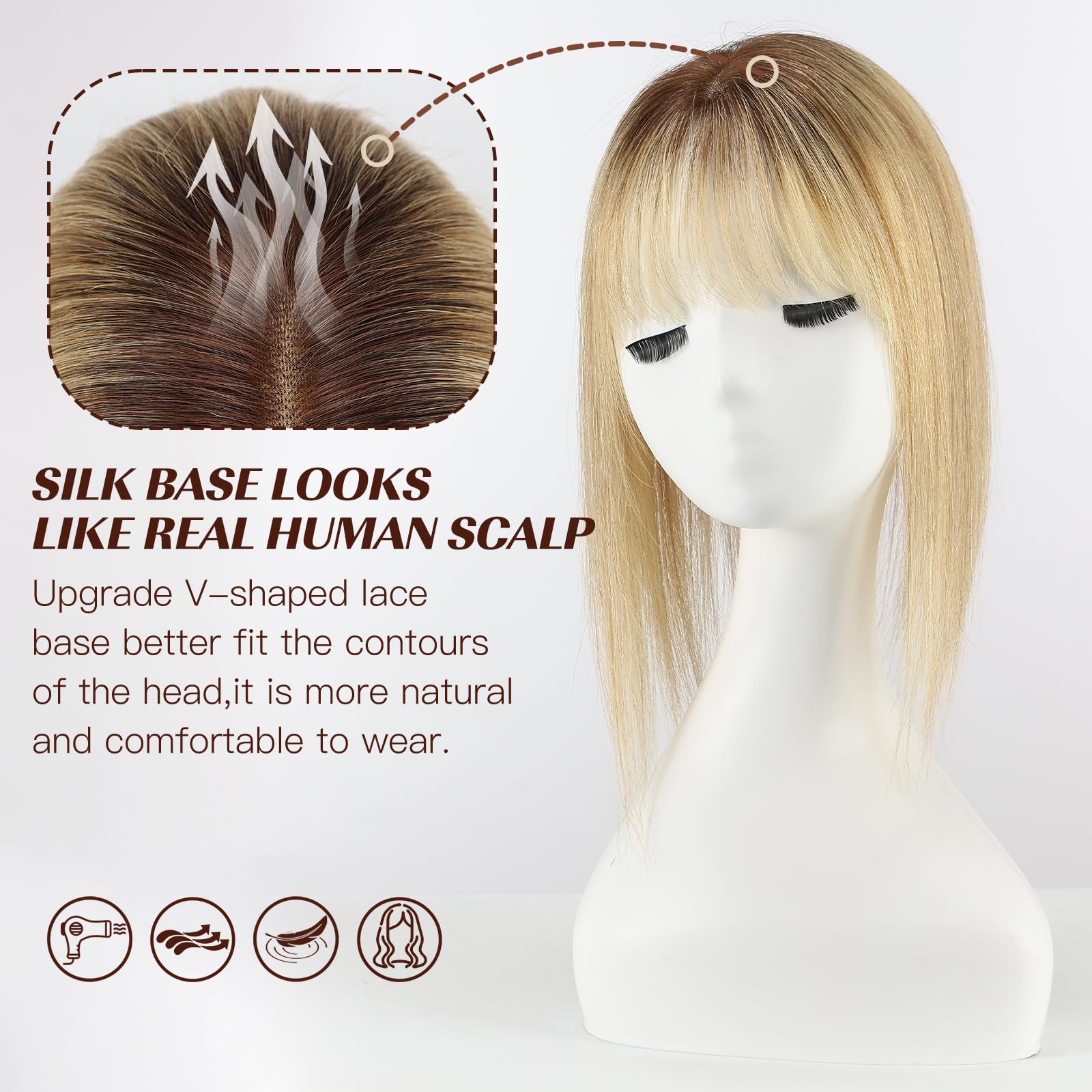 HAIRCUBE Haartopper für Frauen mit dünnem Haar ombre blond mit schwachem Licht 100% Echtes Menschenhaar topper für Frauen mit Pony Menschenhaar topper mit Schweizer Spitze Basis Hand gebunden 14 Zoll