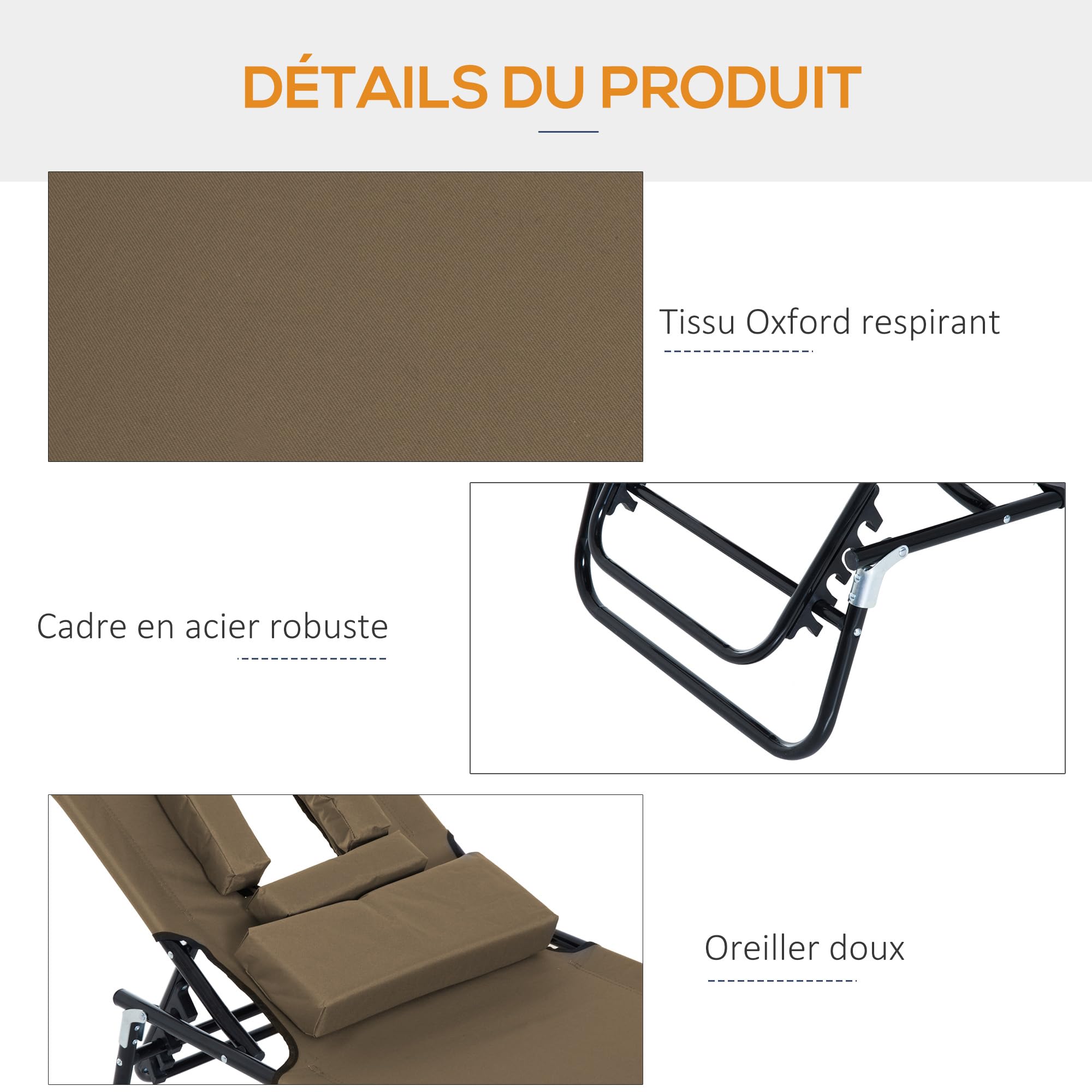 Outsunny Bain de Soleil Chaise Longue Pliante 190x56x28cm Marron | Appuie-Tête, Trou de Lecture, Transat Inclinable 4 Positions, Oxford 600D, Jardin Extérieur, Camping, Piscine, Terrasse