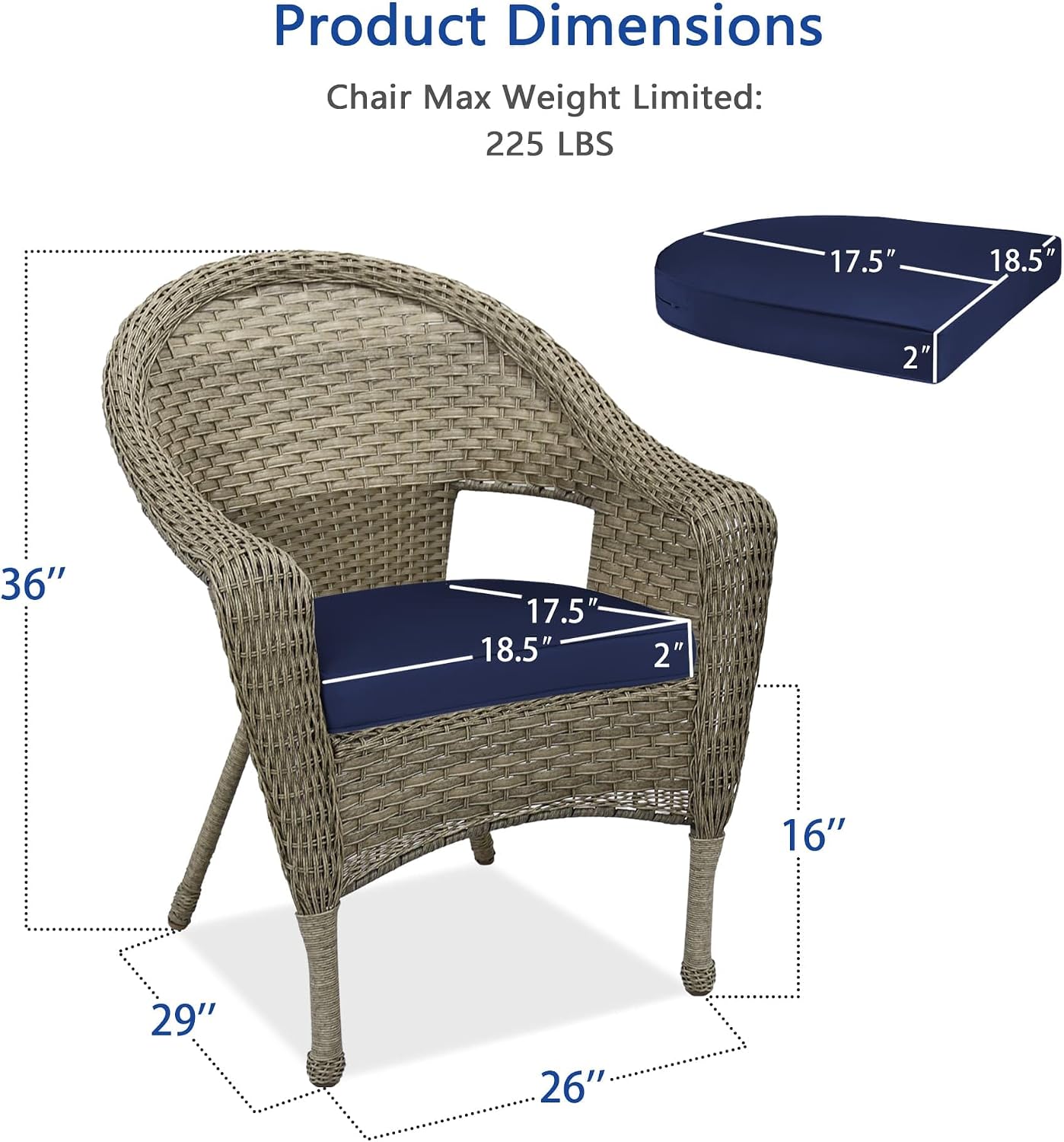 Jeco Set of 2 Resin Wicker Clark Single Chair with 2" Midnight Blue Cushion