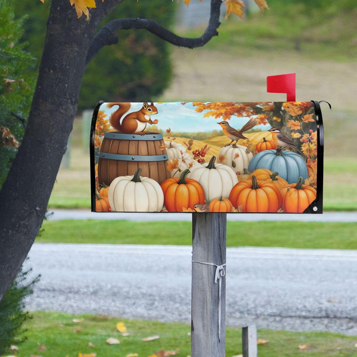 Aslsiy Mailbox Covers Squirrel Bird Pumpkins Magnetic Mailbox Cover Autumn Tree Leaves Standard Size Post Box Cover Wraps Letter Box Decorative for Outside Garden Yard Home-18x20.7in image 4