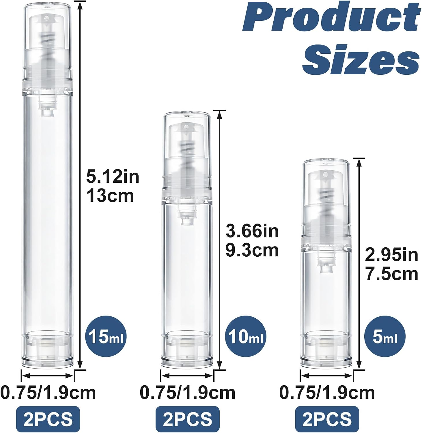 OIIKI 6pcs Airless Pump Bottle Travel, 5ml 10ml 15ml Empty Refillable Vacuum Press Pump Bottle, Plastic Mini Lotion Bottles Cosmetic Container for DIY Foundation Toiletries- Clear