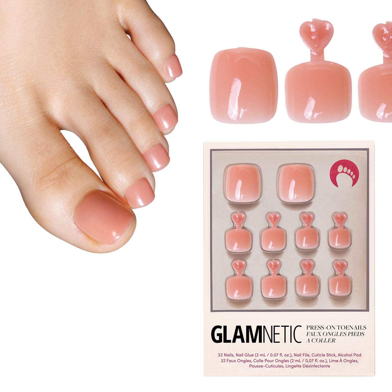 Glamnetic Press On Toenails - Pure Intentions | Subtle Iridescent Nude Sparkle Fake Toe Nails in a Glossy Finish | 16 Sizes - 32 Toe Nail Kit with Glue