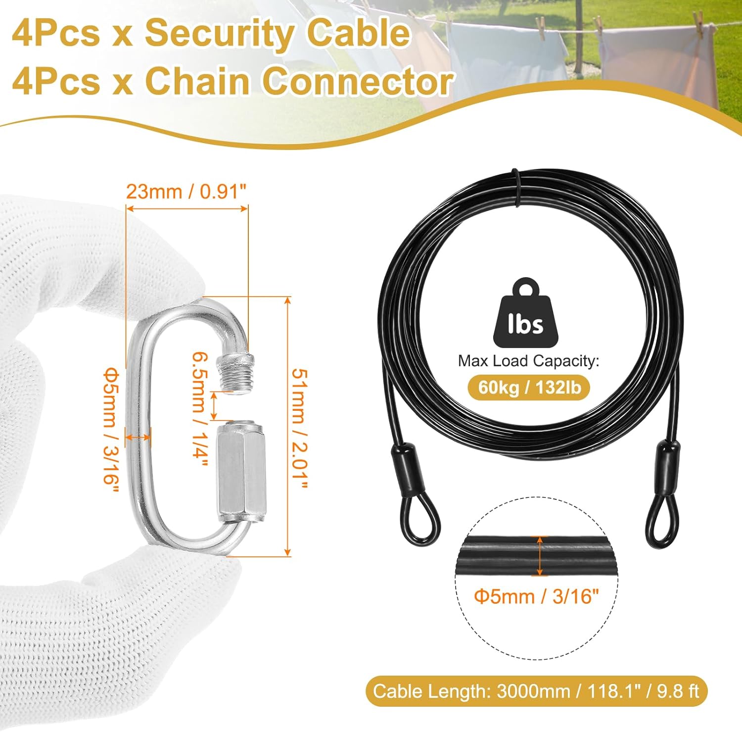 PATIKIL Security Cable Lock (3/16" Dia 9.8ft, Black)(4 Set) Vinyl Coated 304 Stainless Steel Double Loop Flexible Wire Rope Safety Cable with Quick Links Locking Connectors