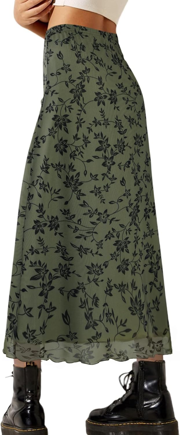 Avanova Women Floral Bohemian Mesh Midi Skirt High Waist Lettuce Trim Long Straight Skirt Green Floral C XX-Large - Image 2