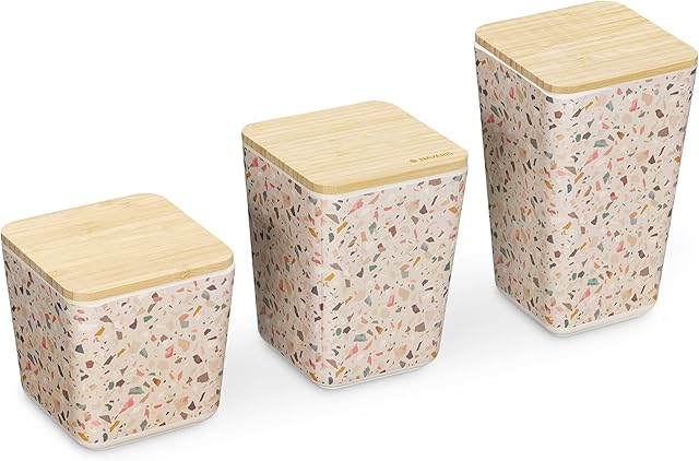 Navaris Bamboo Fibre Storage Containers - Set of 3 Bathroom Storage Organiser Pots - Cosmetic Pad Cotton Buds Wool Pads Holder - Terrazzo Style