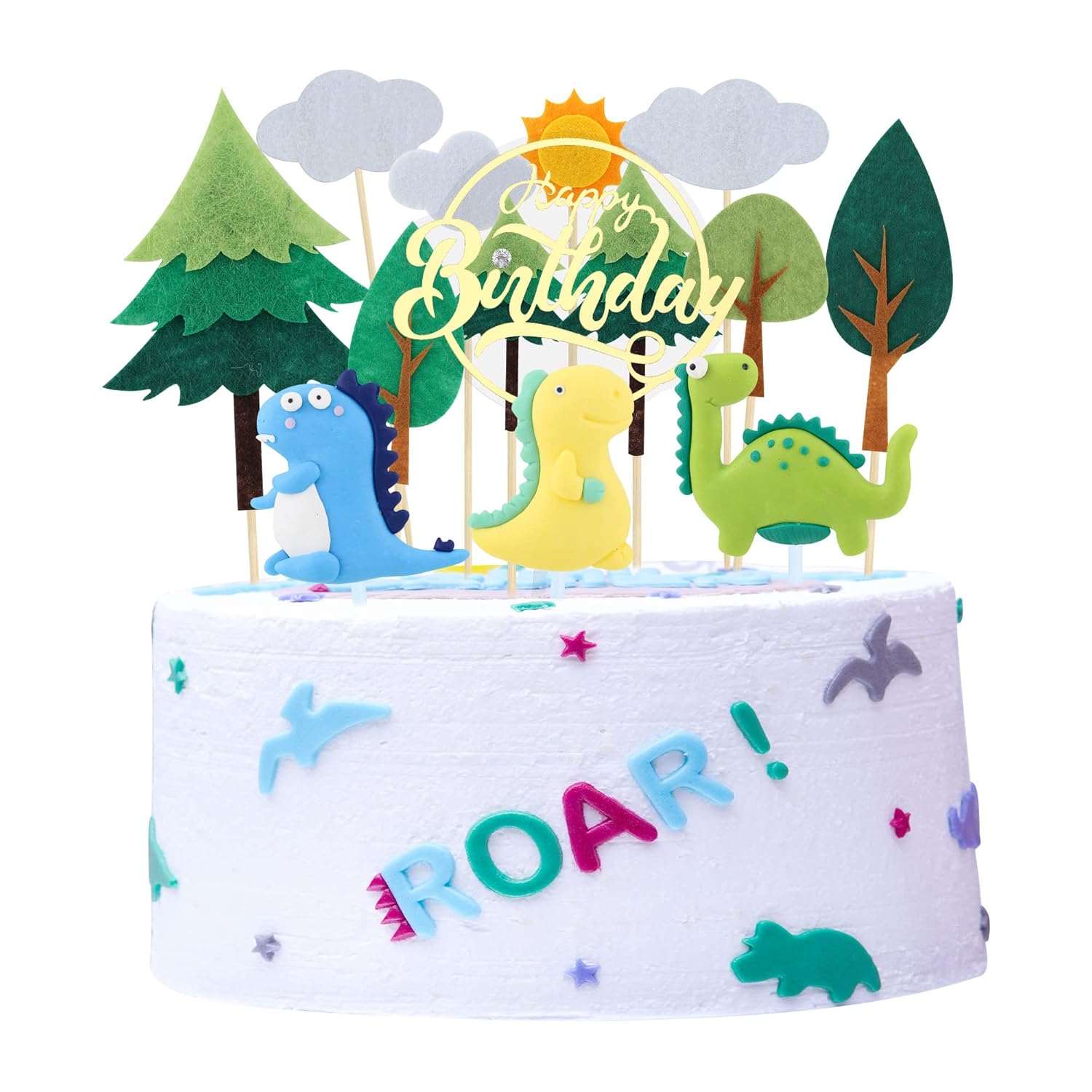 Gyufise 12Pcs Decorations Set Forest Tree Sun Cloud Dinosaur Cake Toppers for Jungle Safari Dino Theme Baby Shower Birthday Party Decorations Supplies