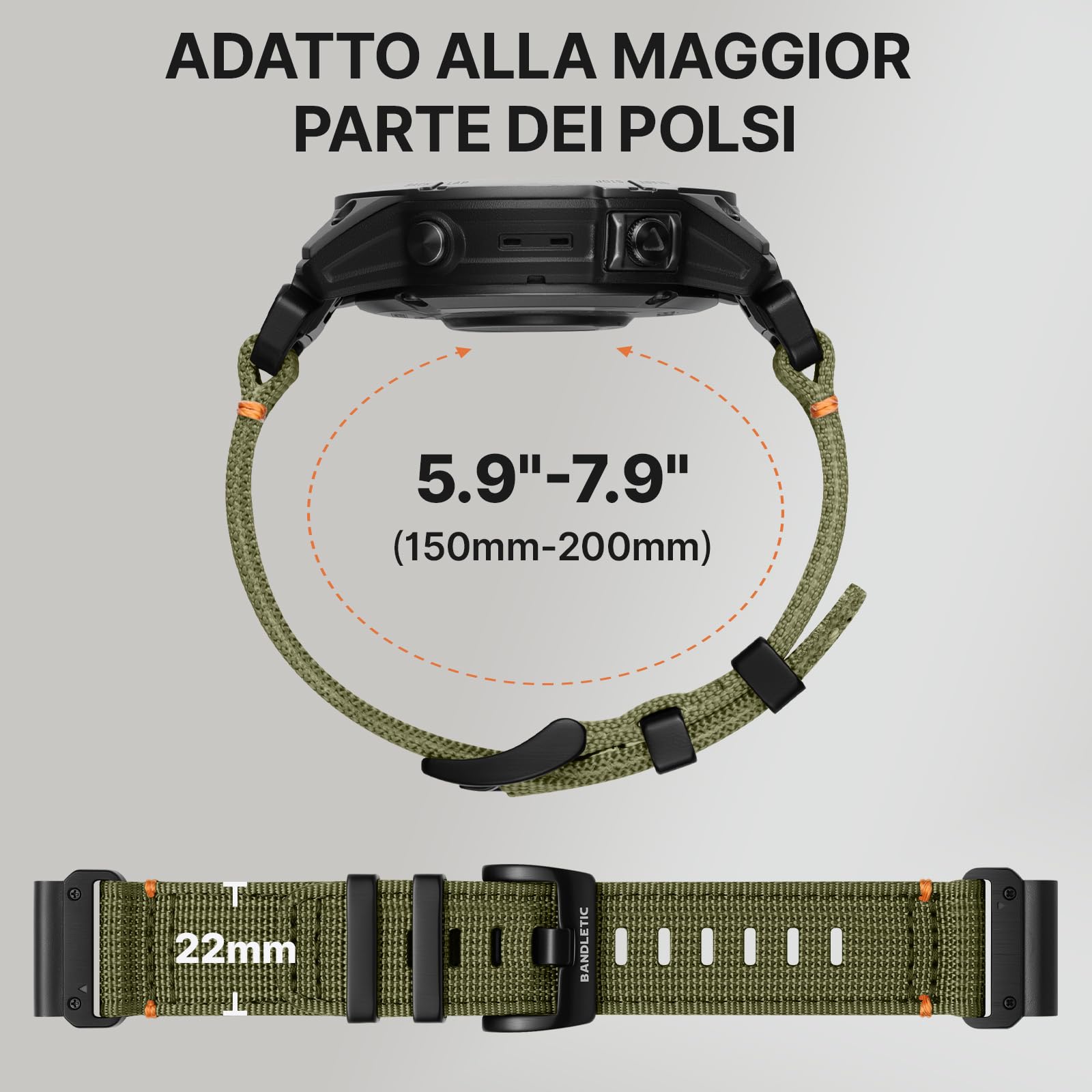 Bandletic 22mm 26mm QuickFit Cinturino Compatibile con Garmin Fenix 8 47mm/51mm, per Fenix 7/6/5/3, Cinturino in Nylon per Epix/Forerunner/Instinct/Enduro/Tactix/Descent/Quatix/Tactical/Tide/Solar