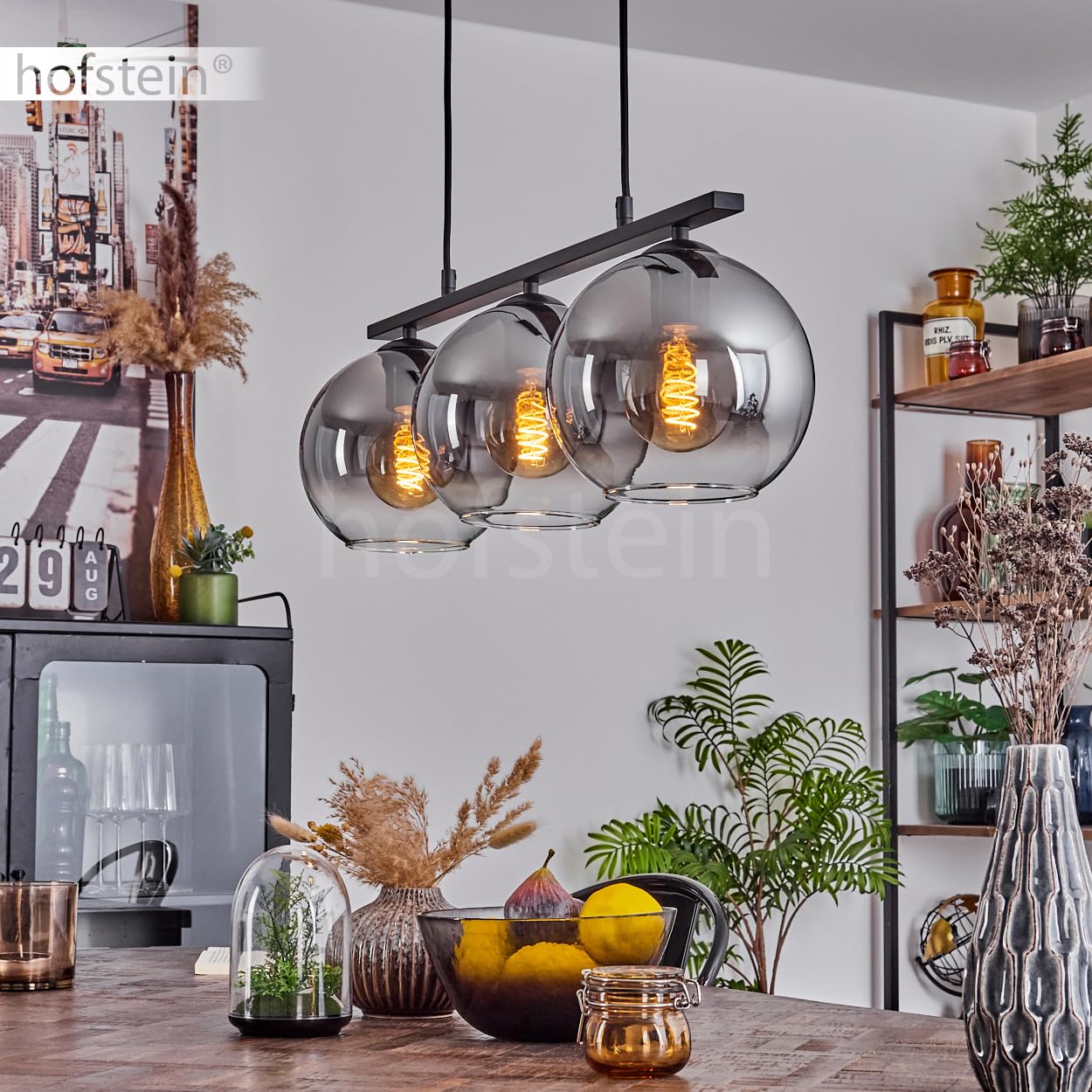 Pendelleuchte Koyoto, Hängelampe aus Metall/Glas in Schwarz/Rauchfarben/Klar, Hängeleuchte im Retro/Vintage-Design mit Glasschirmen (Ø 20 cm), 3-flammig, Höhe max. 116,5 cm, 3 x E27, ohne Leuchtmittel