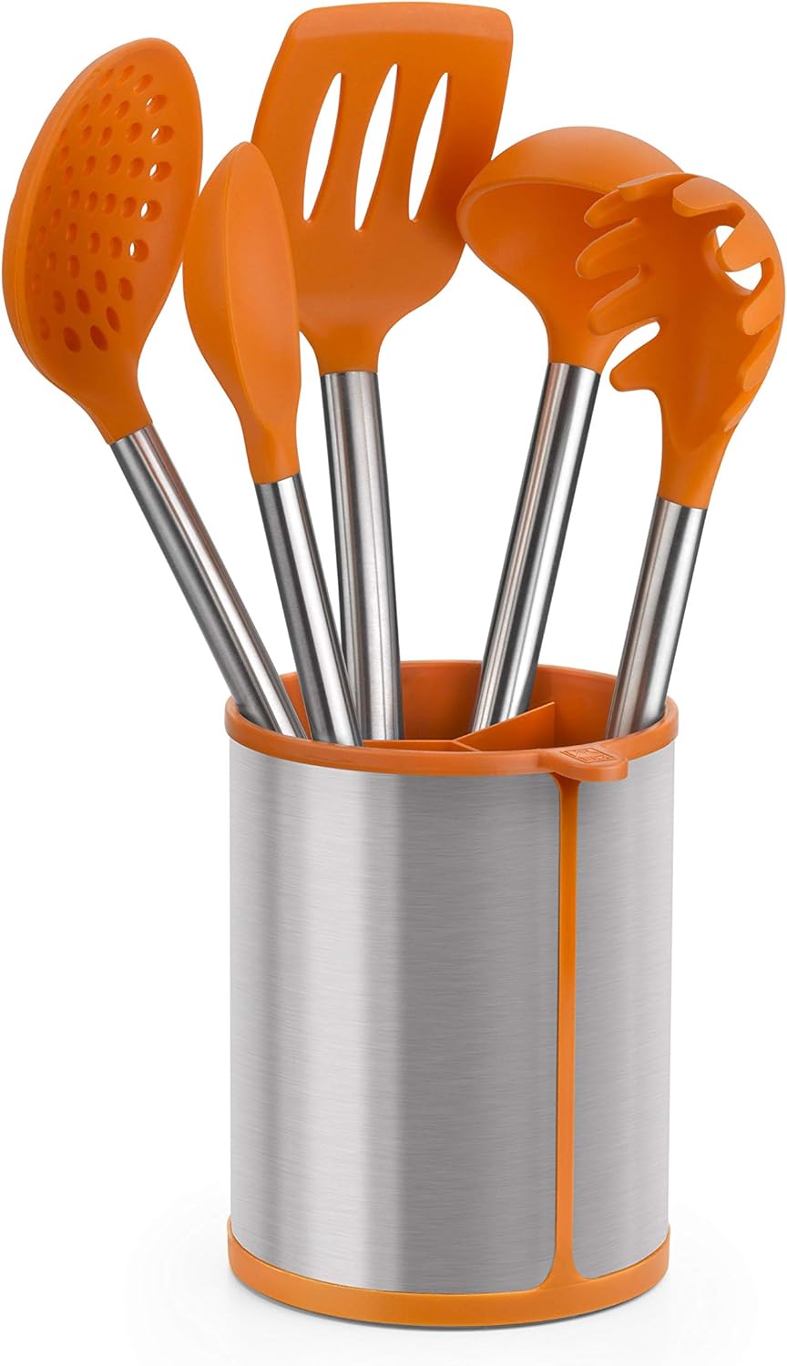 BRA Efficient Swivel Canister for Kitchen Utensils, Stainless Steel, Orange, 14.5 x 15 x 18 cm