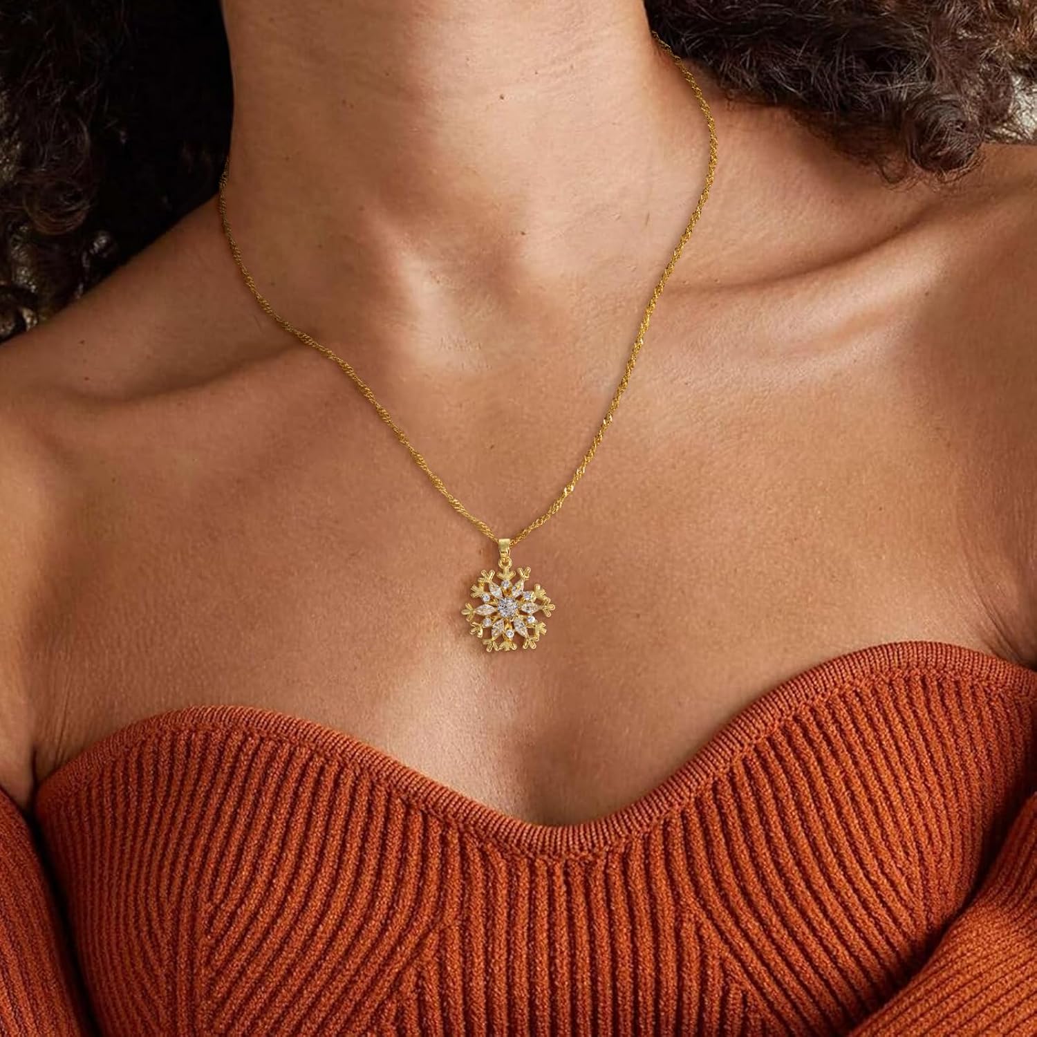 Christmas Spinning Pendant Necklace Gold Rotatable Snowflakes Charm Jewelry with Cubic Zirconia Winter Xmas Pendant Fidget Choker for Women Trendy Christmas Chain Jewelry image 2
